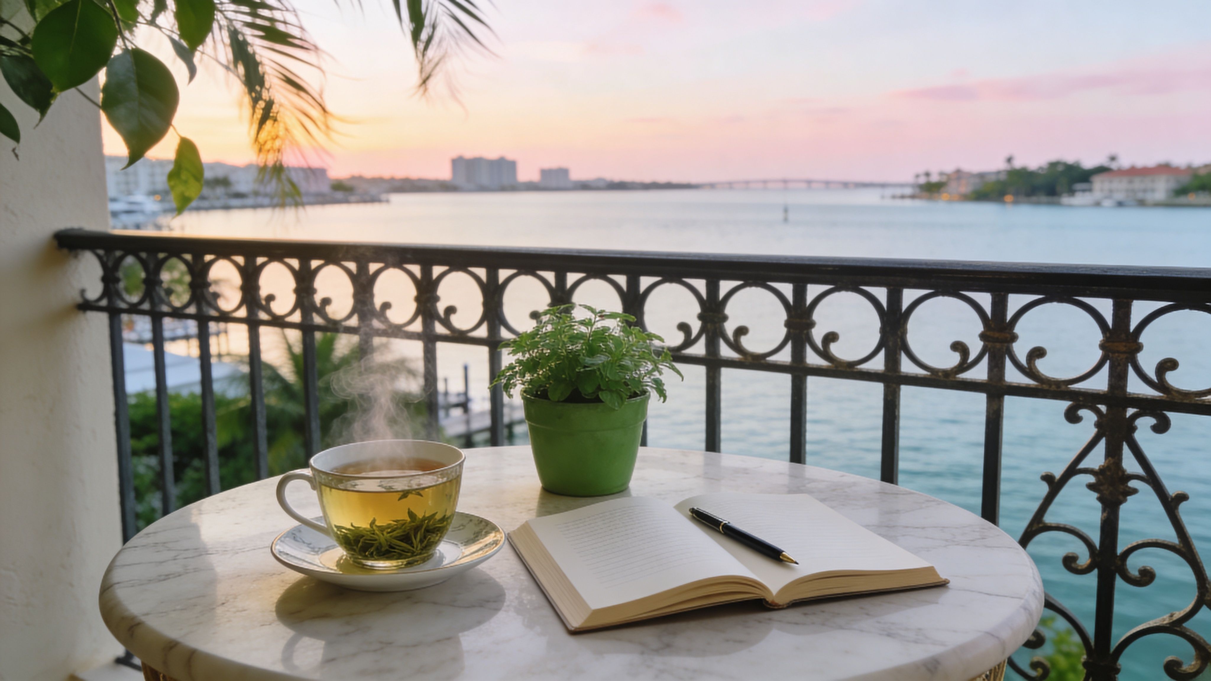 Photo of tea and book looking over the water