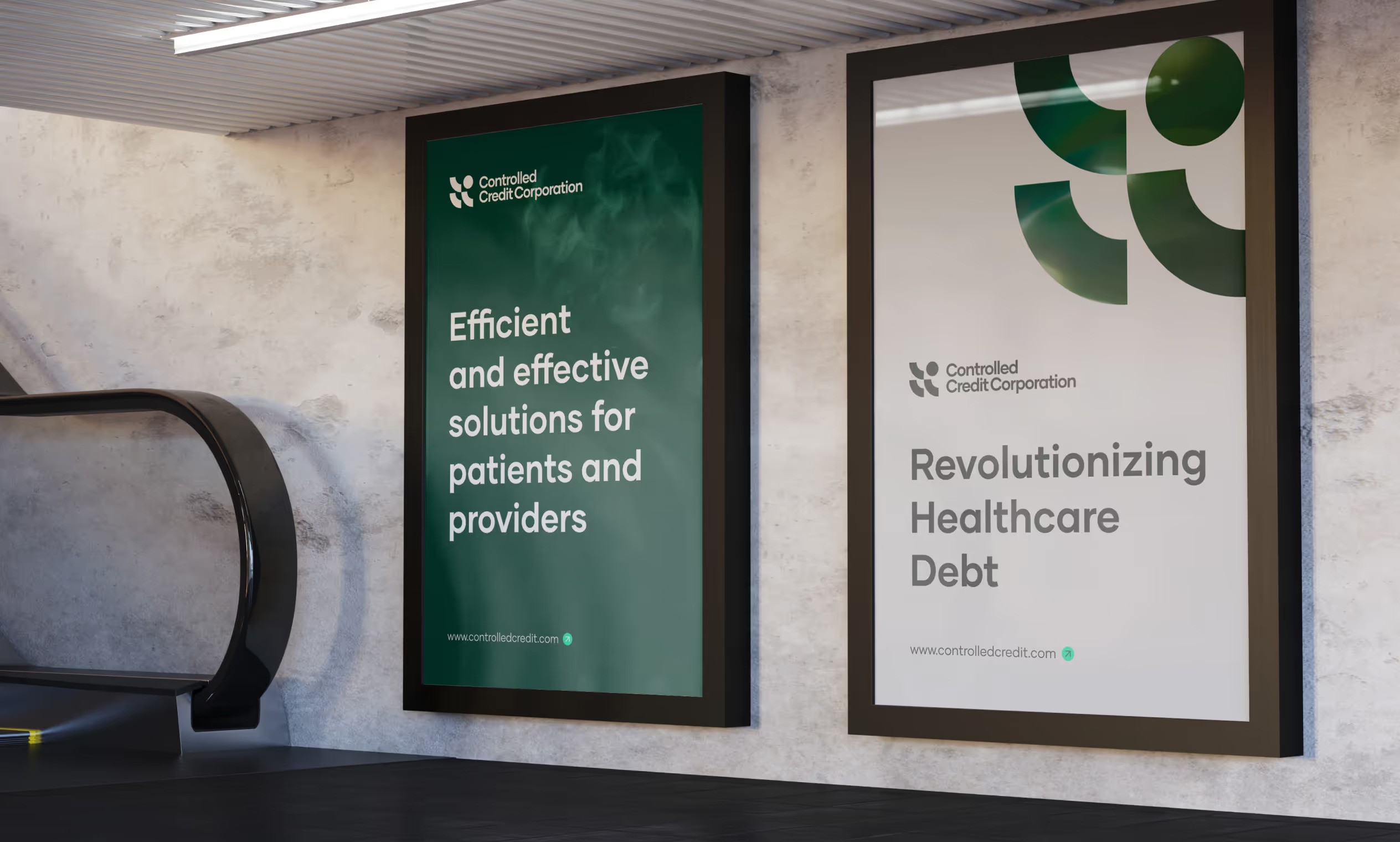 Minimalist posters for Controlled Credit Corporation, presenting effective healthcare solutions with clean typography.
