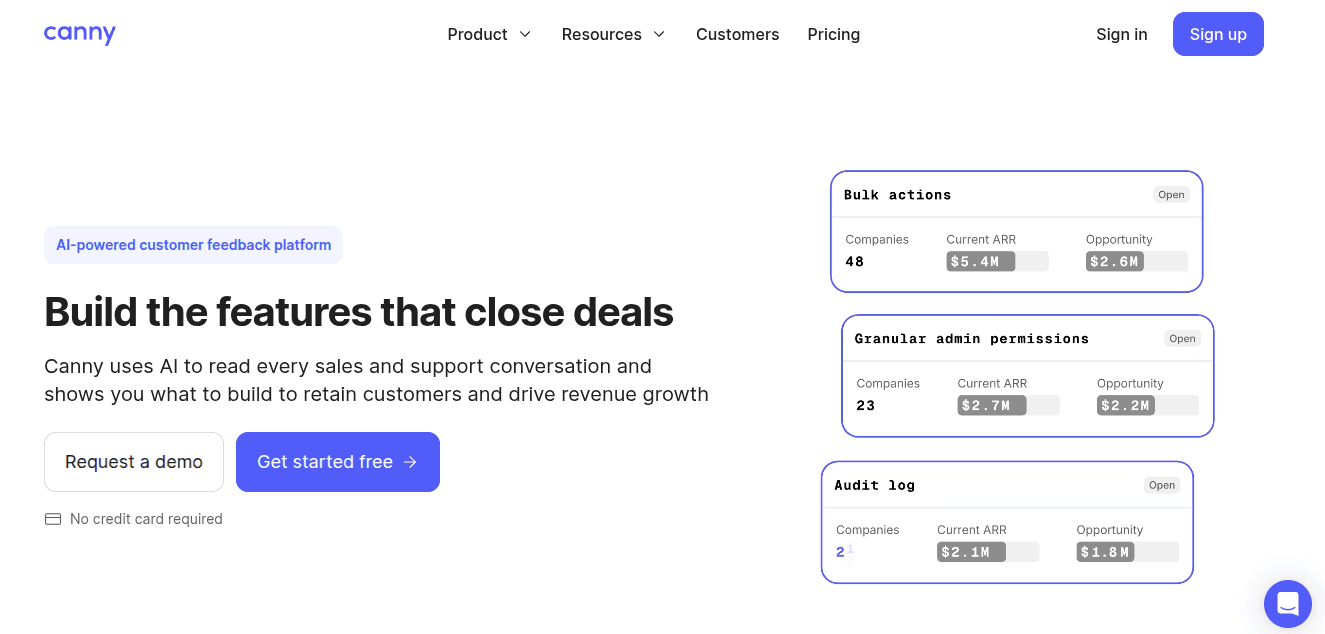 Canny homepage: "Build the features that close deals" with AI feedback dashboard preview