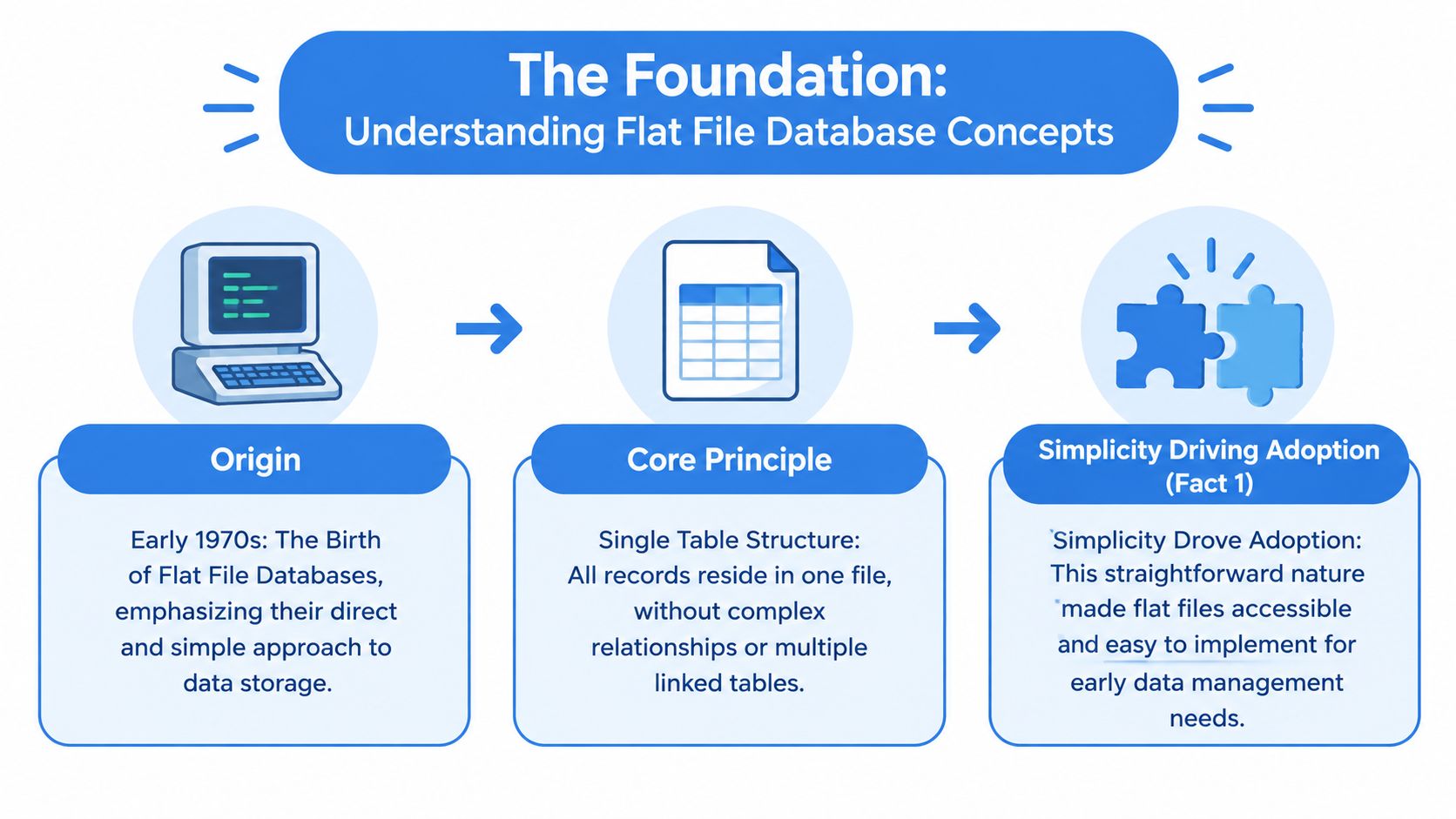 An infographic explaining flat file database concepts including their origin, core principles, and simplicity in data management.
