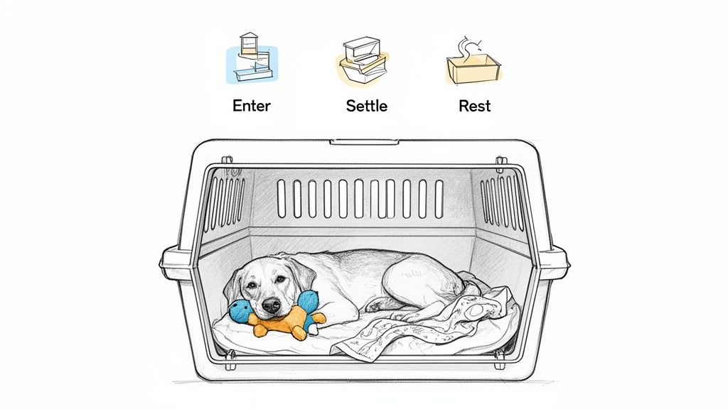 A happy dog with a toy rests comfortably on a blanket inside a pet carrier.