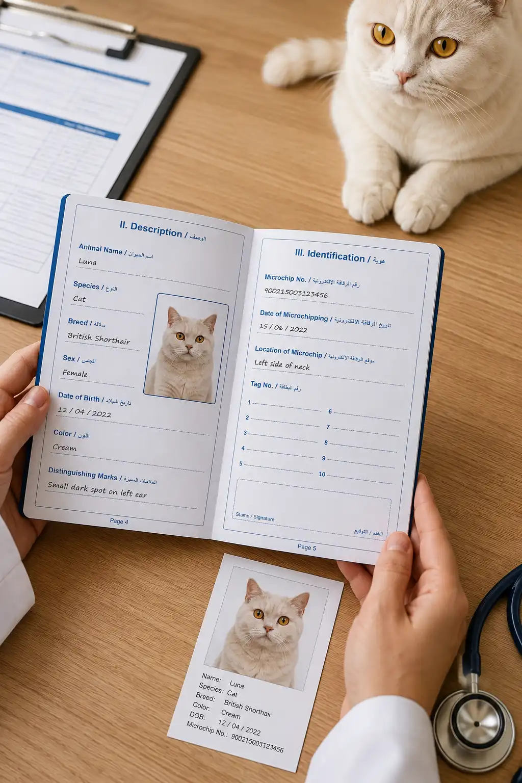 An open pet passport booklet showing vaccination record pages, with a cat's photo visible on the ID page