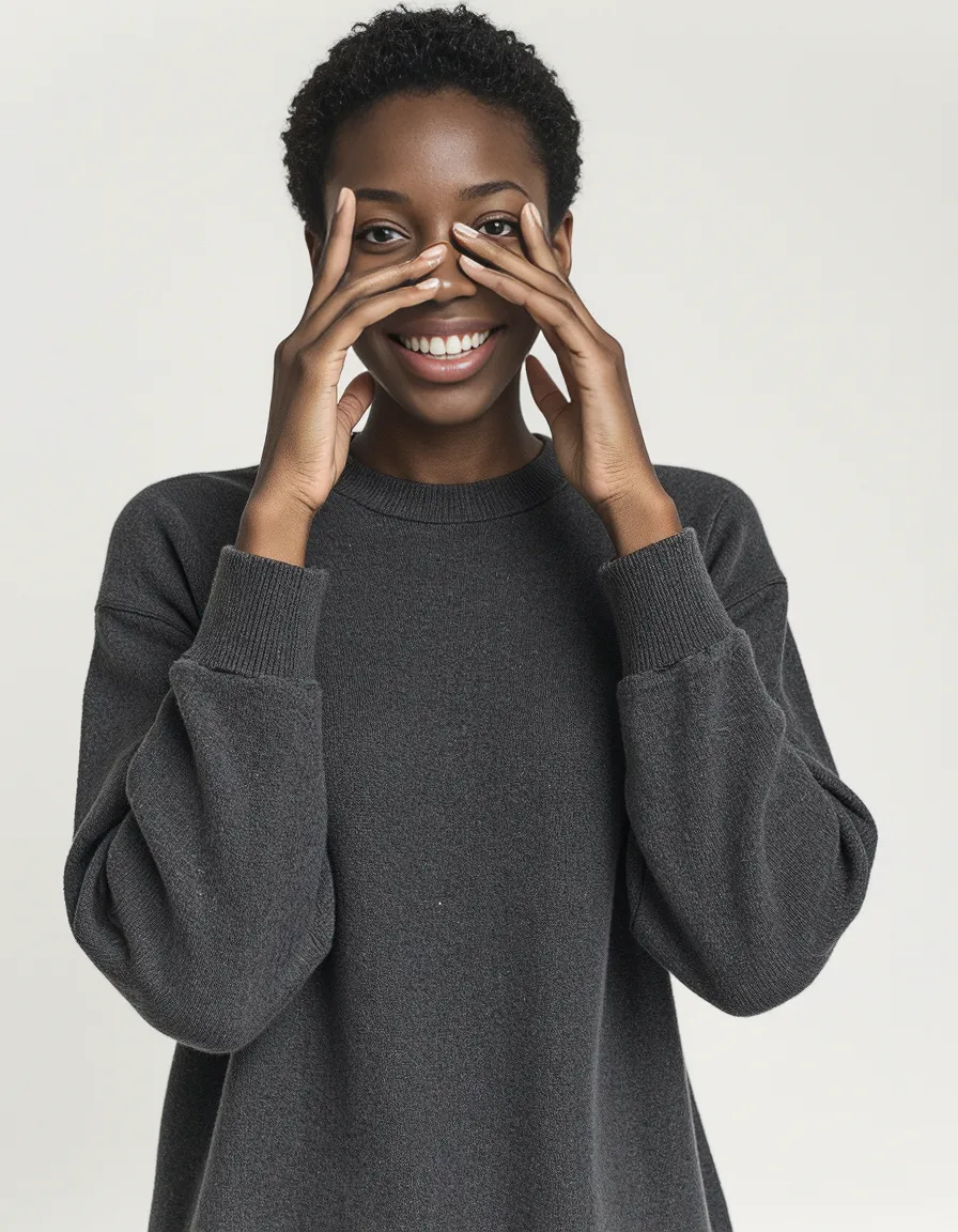 Portrait featuring a person in a grey sweater with hands partially covering their face, smiling against a minimal white background