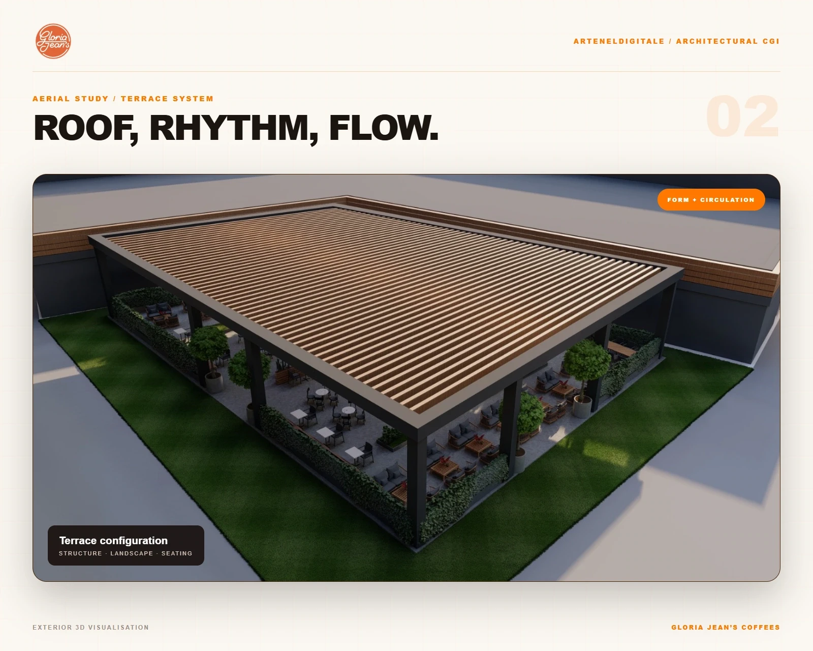 Aerial 3D render of a covered Gloria Jean’s Coffees terrace with seating areas, landscaping and timber roof details.