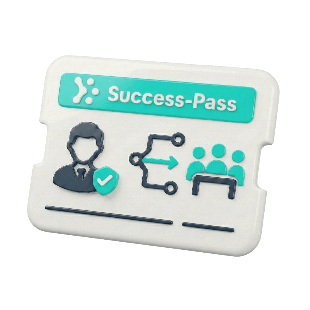 3D-Grafik einer 'Success-Pass' ID-Karte, die Symbole für einen persönlichen Ansprechpartner, Mitspracherecht bei der Roadmap und direkten Zugang zum Führungsteam zeigt.