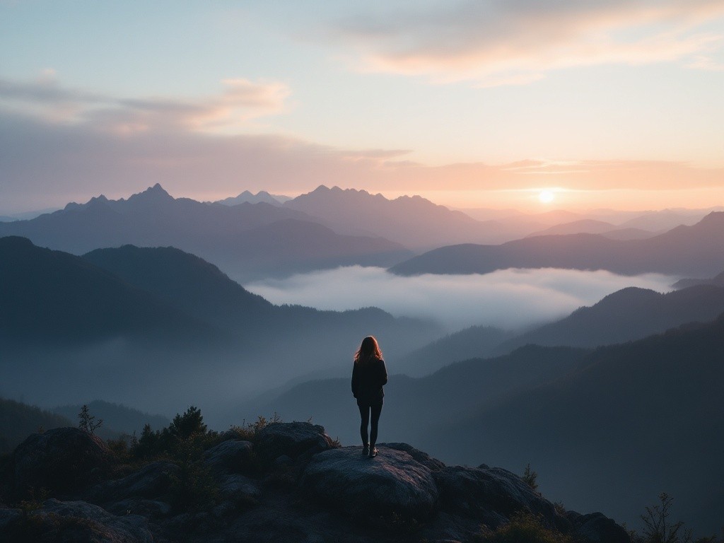 A person standing on a mountain top looking at a sunset over a valley