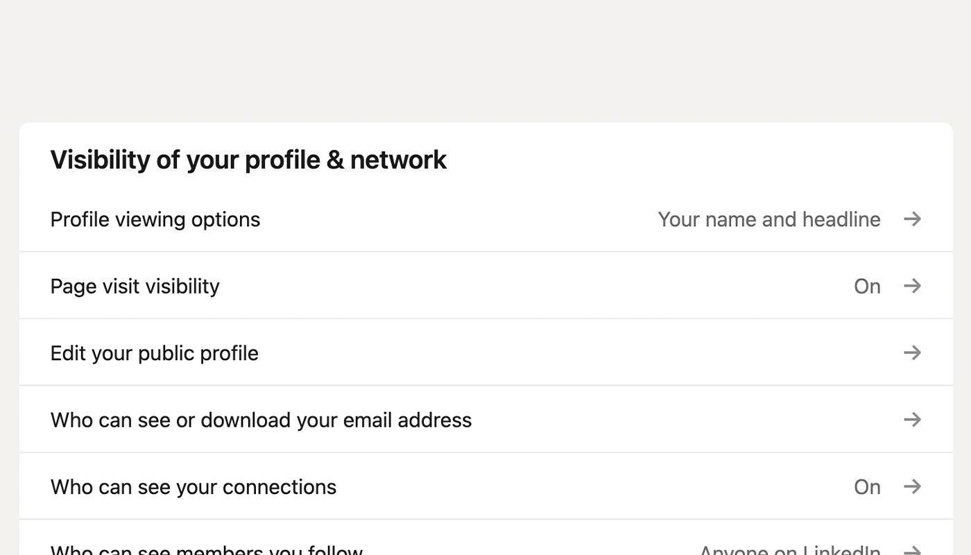 Preview of privacy settings in LinkedIn