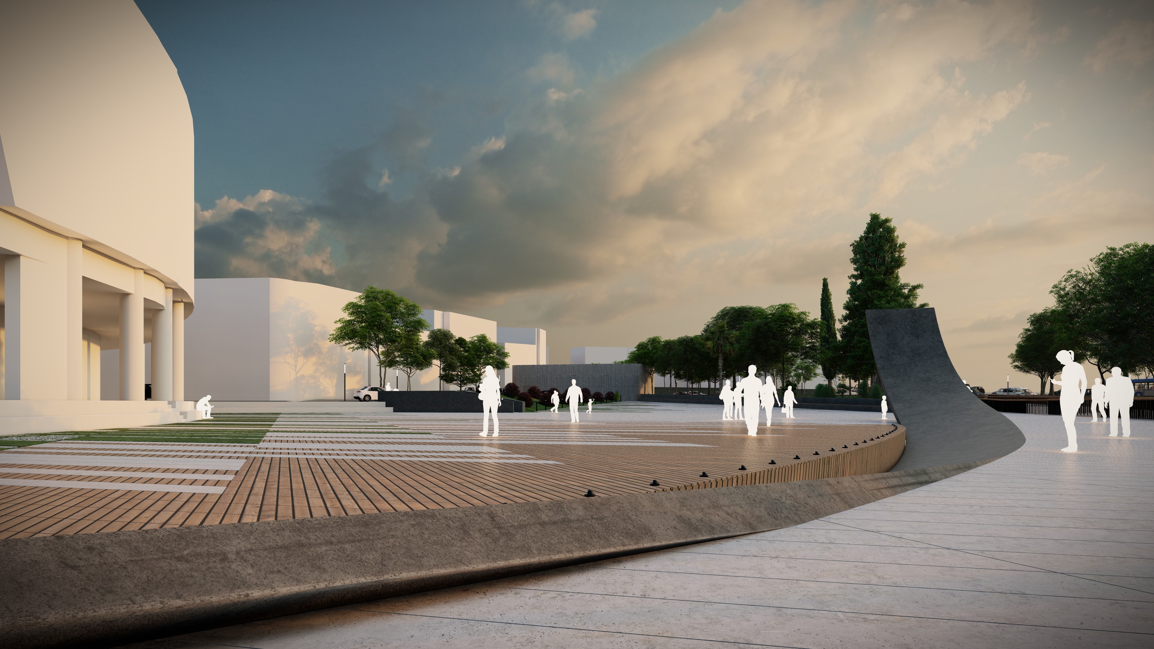 Architectural visualization of a modern urban square with wooden and stone surfaces, trees, and minimalist human silhouettes under a warm evening sky.