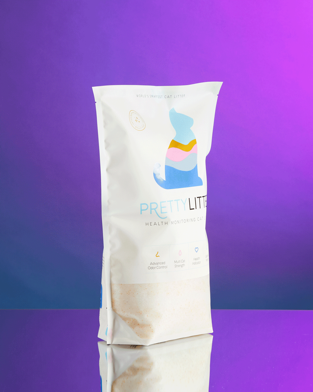 Animation of rotating PrettyLitter bag in front of purple and blue gradient backdrop