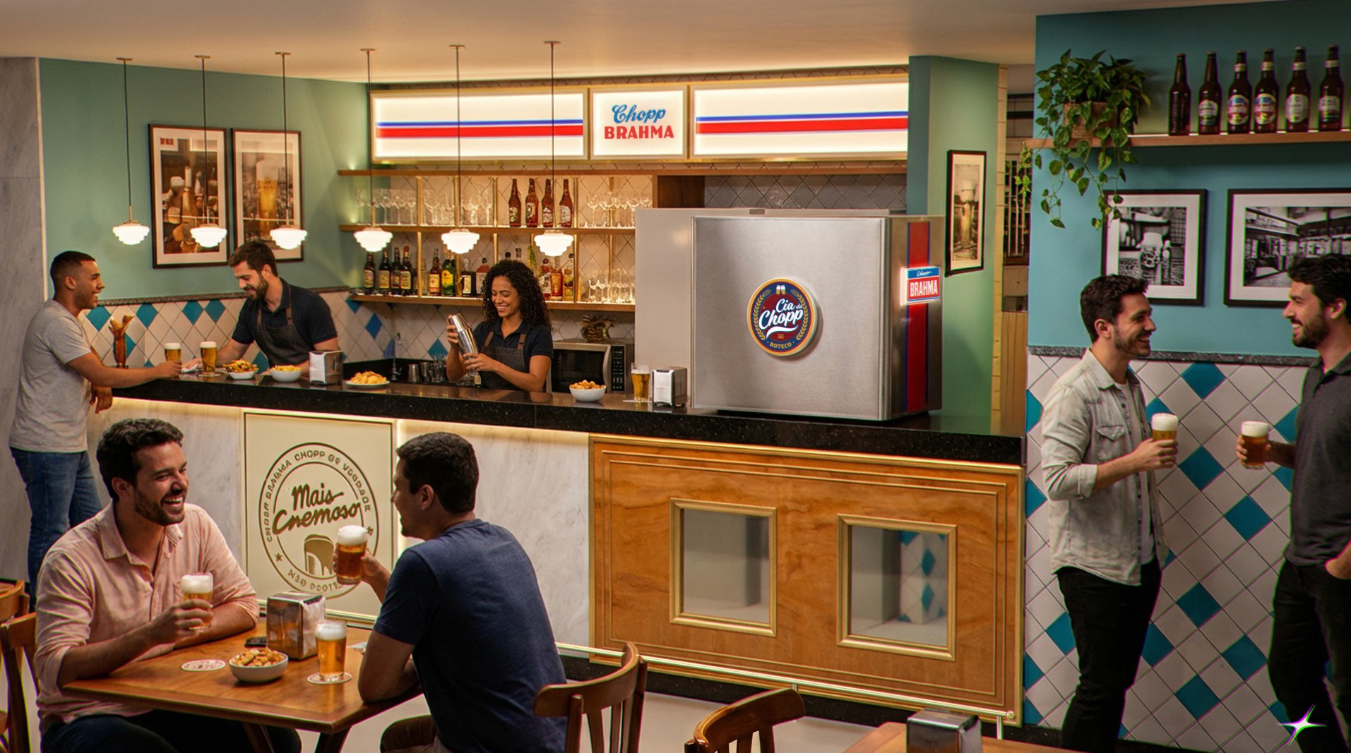 Projeto Tailor Made Chopp Brahma para a Cia do Chopp no Shopping Recife, Boa Viagem. Ativação Ambev. Imagens conceito geradas com IA para mostrar trabalho atualizado a novas tendências tecnológicas e de varejo por Eduardo Lôbo, Diretor Criativo baseado em Recife, PE. 