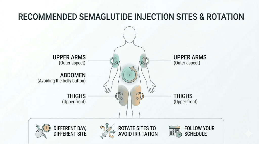 Semaglutide injection site rotation guide abdomen thigh arm