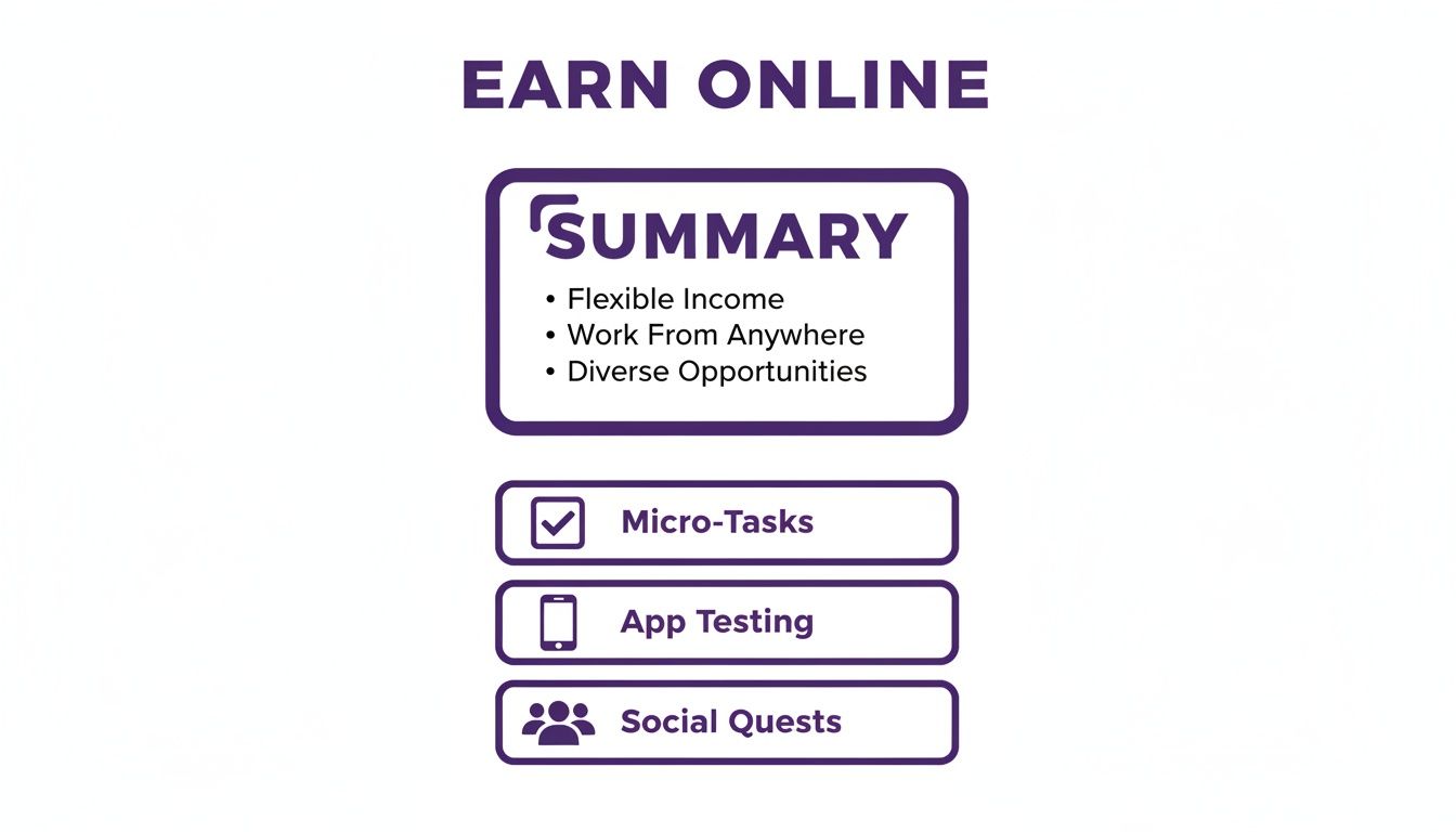 An infographic about earning money online, detailing flexible income, remote work, and opportunities such as micro-tasks, app testing, and social quests.