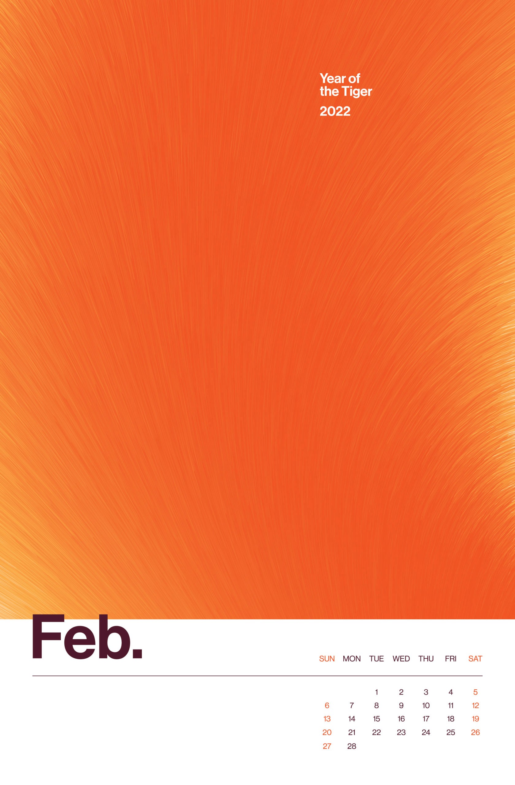 February 2022 illustration with a large part of orange and yellow gradient and on the bottom portion are the dates of the month on white background