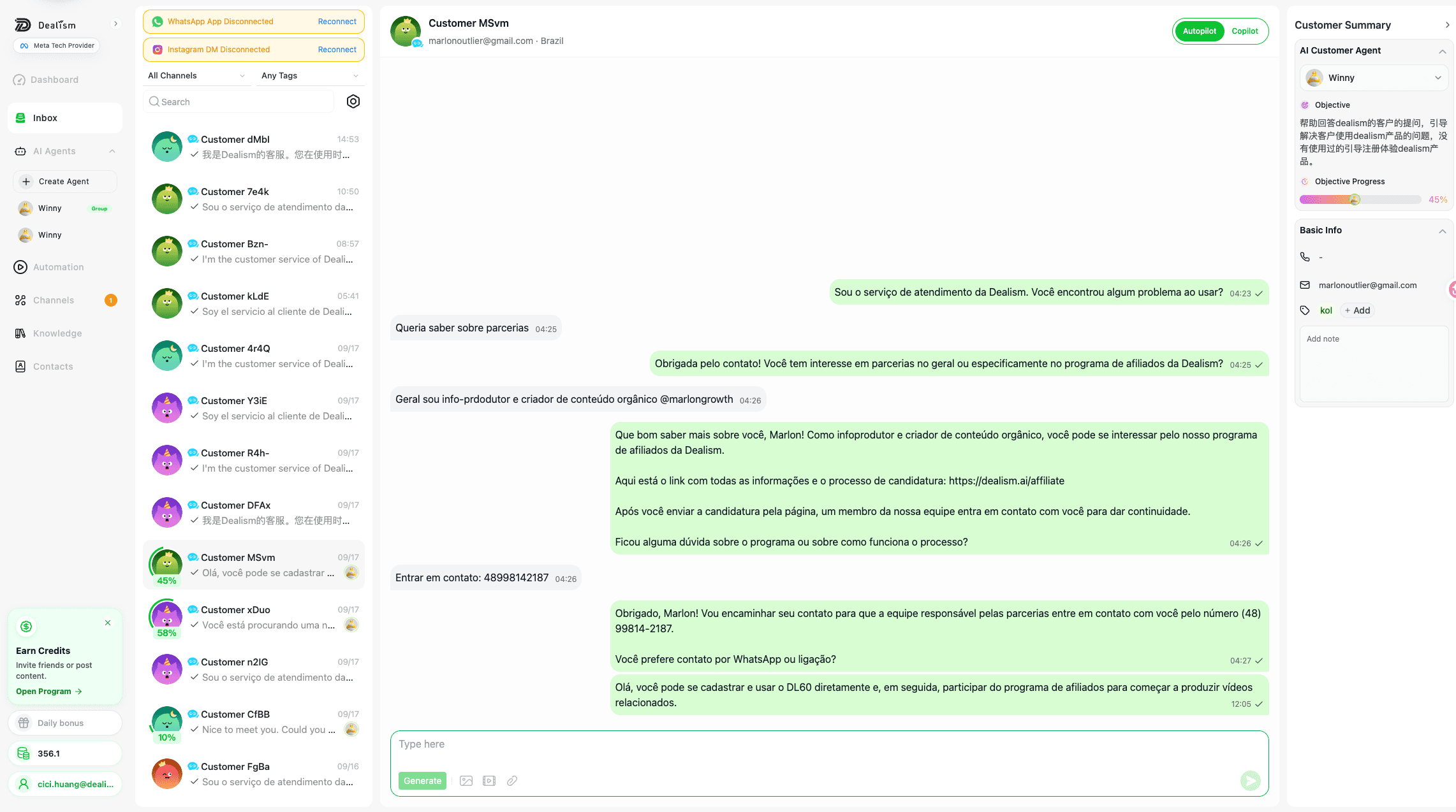 Dealism Unified Inbox showing a single customer conversation