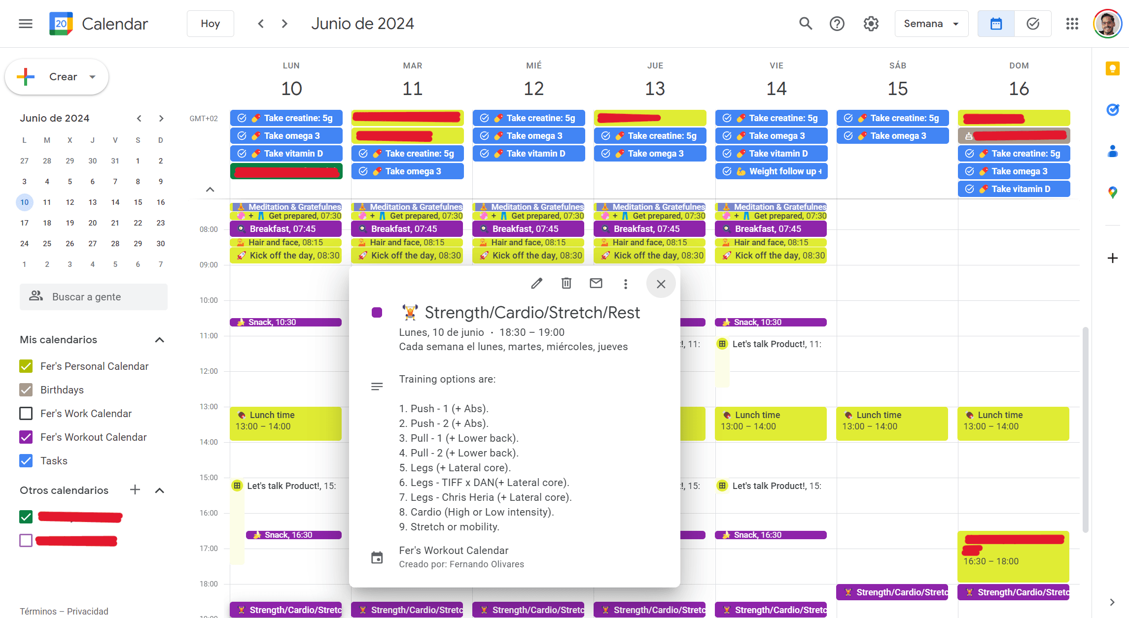 Recurrent week planning on my personal calendar.