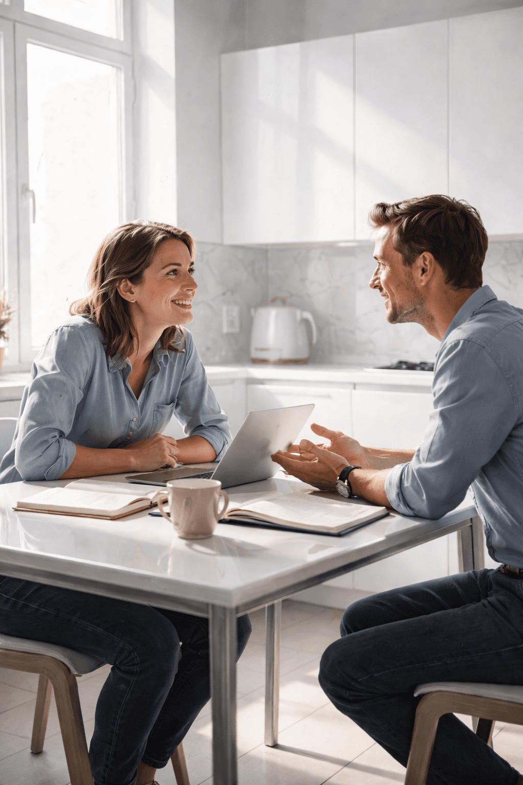 Paar sitzt am Küchentisch mit Laptop und Notizbuch und spricht miteinander – ruhige Alltagsszene eines Gesprächs oder einer gemeinsamen Planung zu Hause