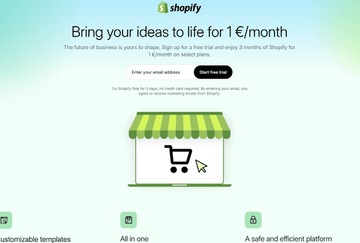 Forsiden af shopify.com - bedst til webshops