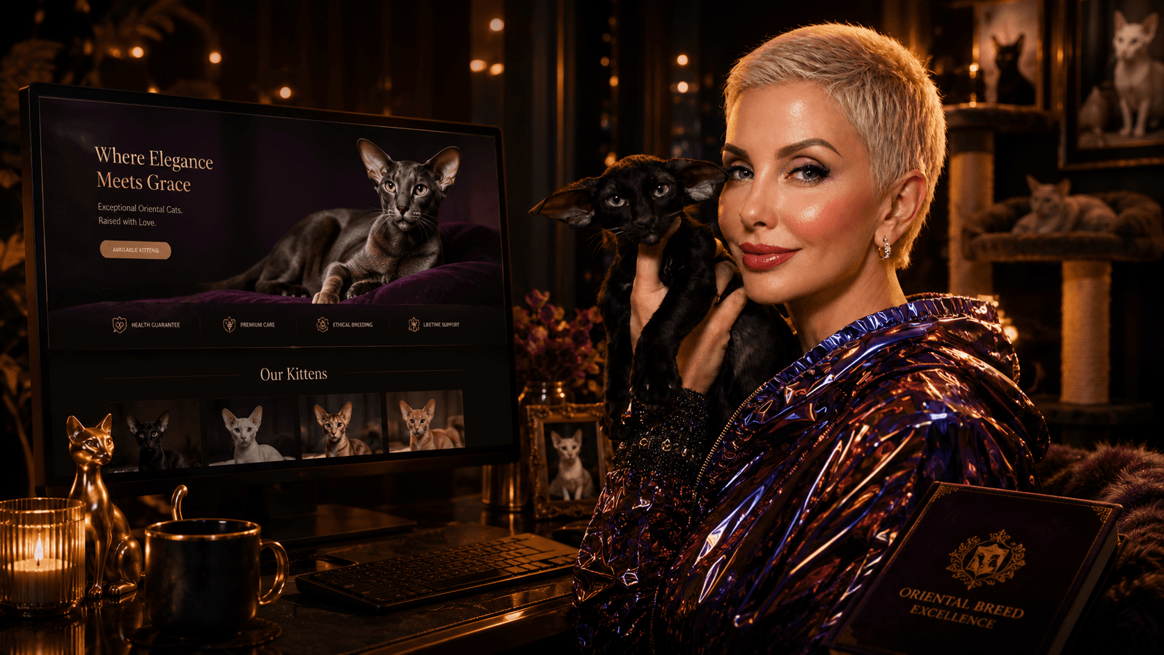 Elegant woman with black cat in luxe studio. Design by Optima Quality Solutions