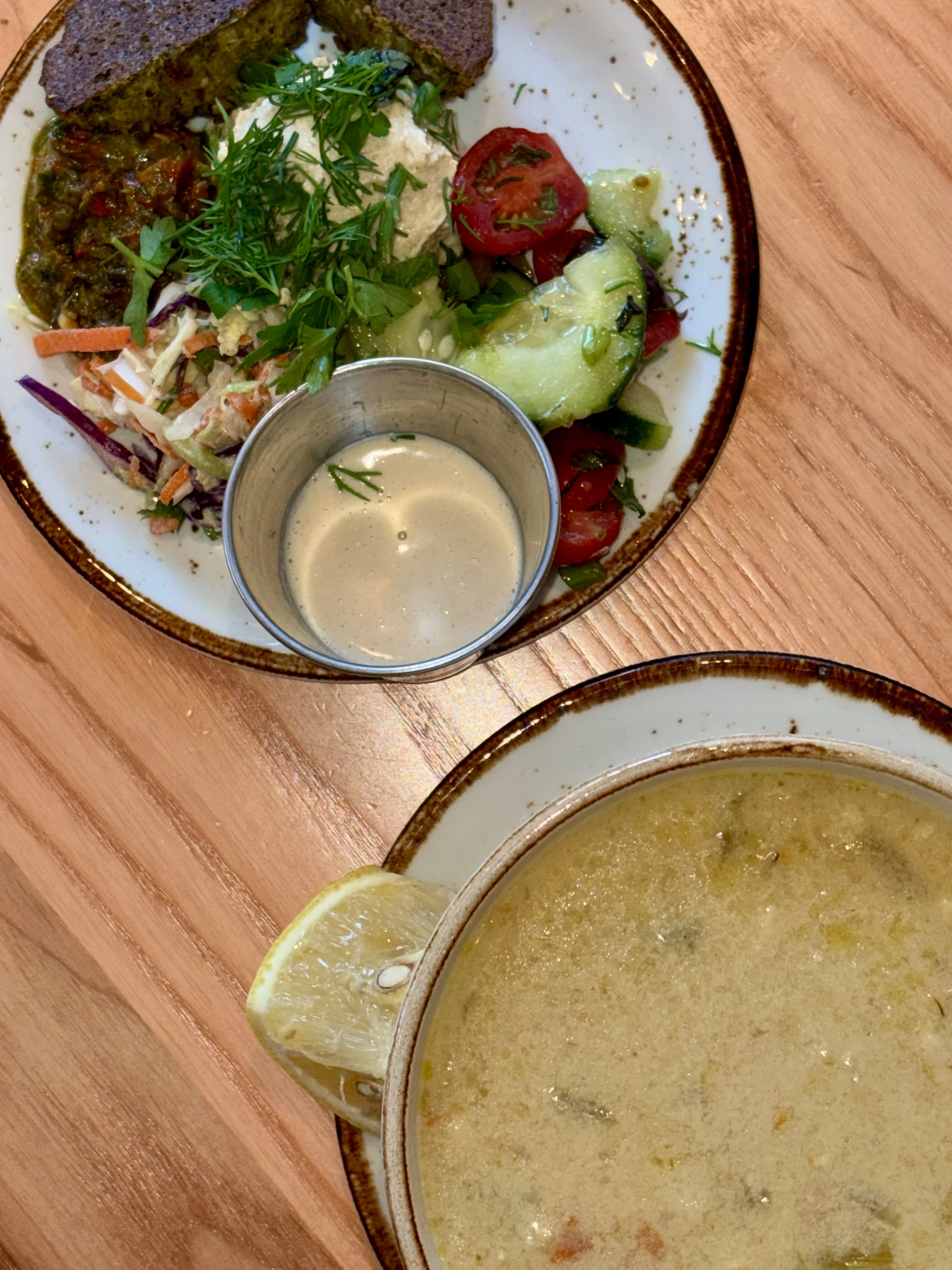 Life Alive Organic Cafe lunch with a half greek lemon soup and a half falafel salad with mediterranean slaw