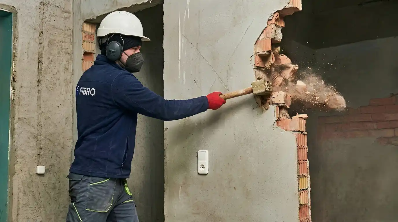 Arbeiter bei Abbrucharbeiten mit Hammer beim Durchbrechen einer Ziegelwand im Innenbereich