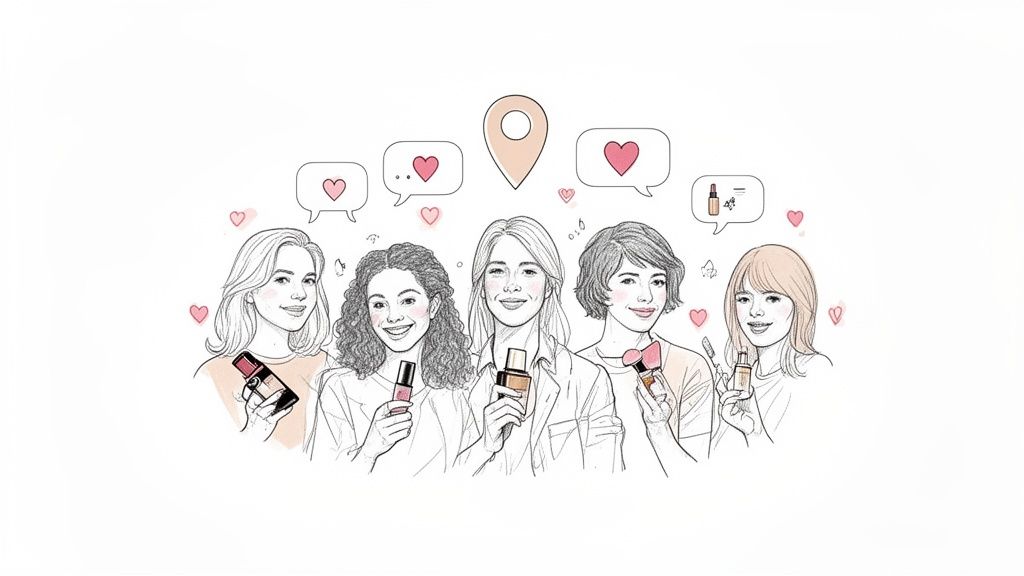 Five diverse women smiling and holding various beauty products with social media icons.