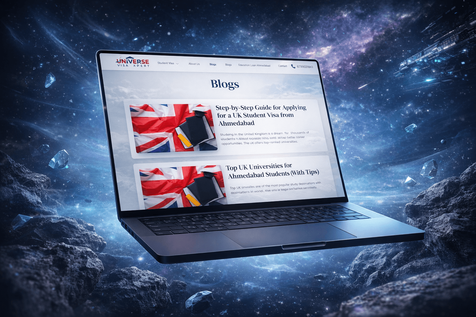 The blog section highlights valuable insights and step-by-step guides for students planning to study abroad, especially in the UK. It features informative articles covering visa processes, university selection, and expert tips tailored for Ahmedabad students. The layout is clean and structured, making it easy for visitors to explore relevant content and stay informed about study visa opportunities.