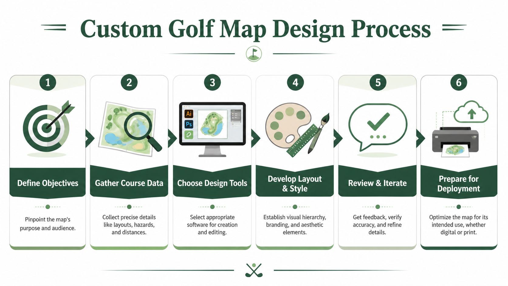 A flowchart showing the six-step process for designing a professional custom golf course map.