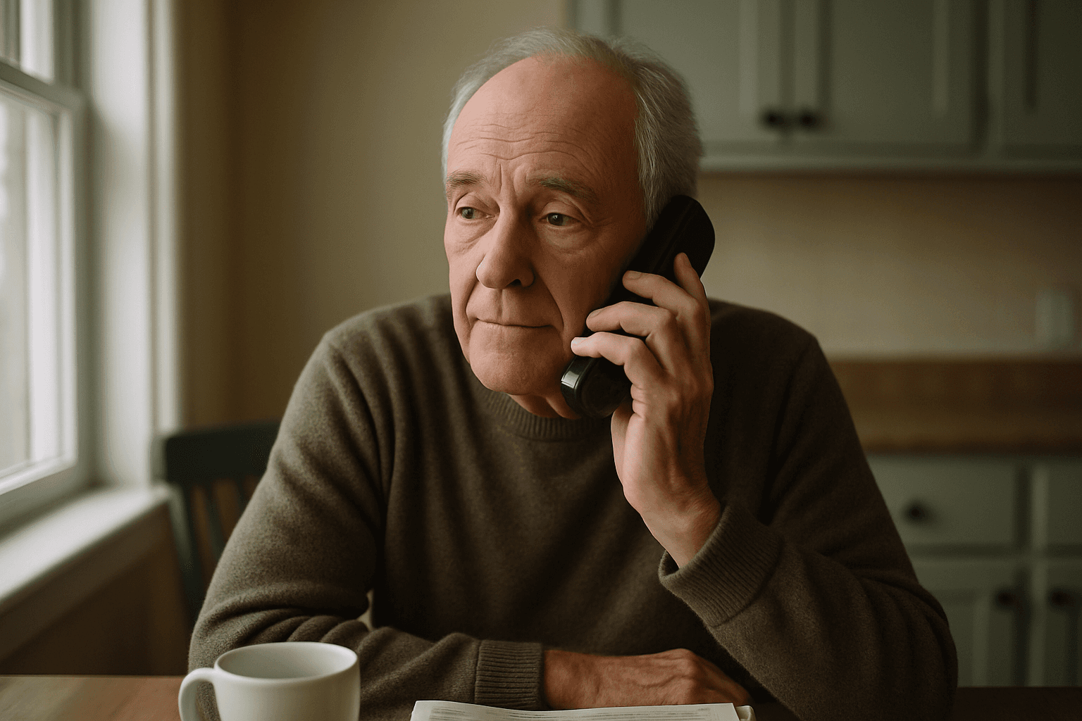 An older man listens thoughtfully on a phone call at his kitchen table in soft morning light.