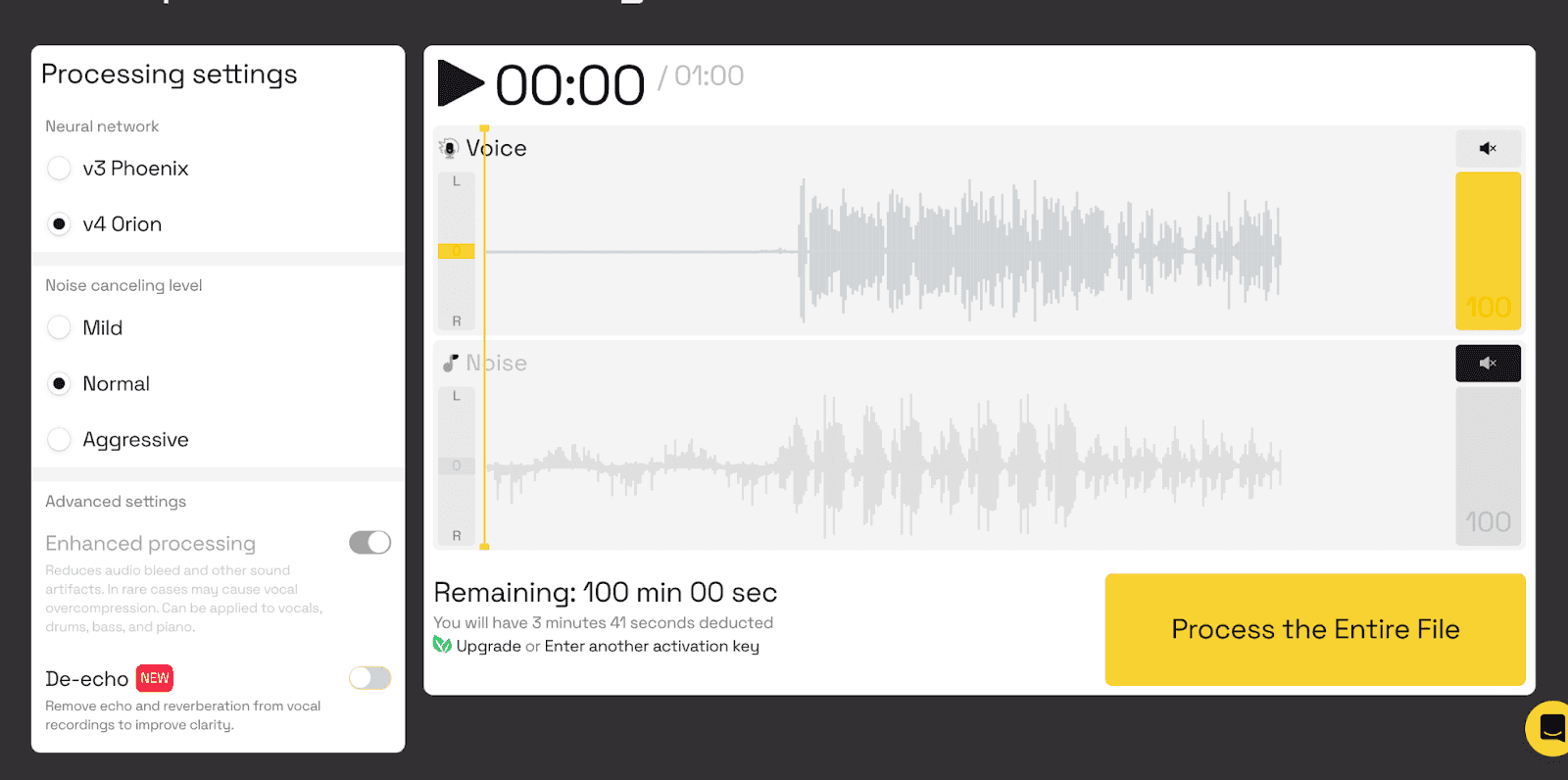 An audio file uploaded into the Lalal AI vocal cleaner