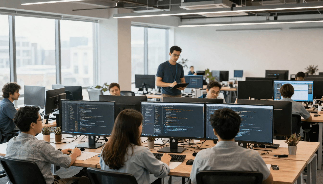 team reviewing automated assessment results on multiple screens in a modern office