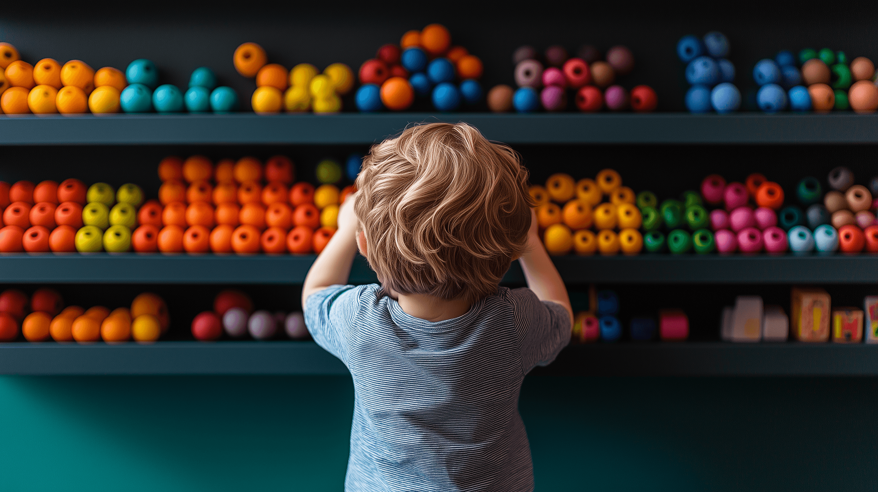 Child sorting colorful beads as a Montessori activity