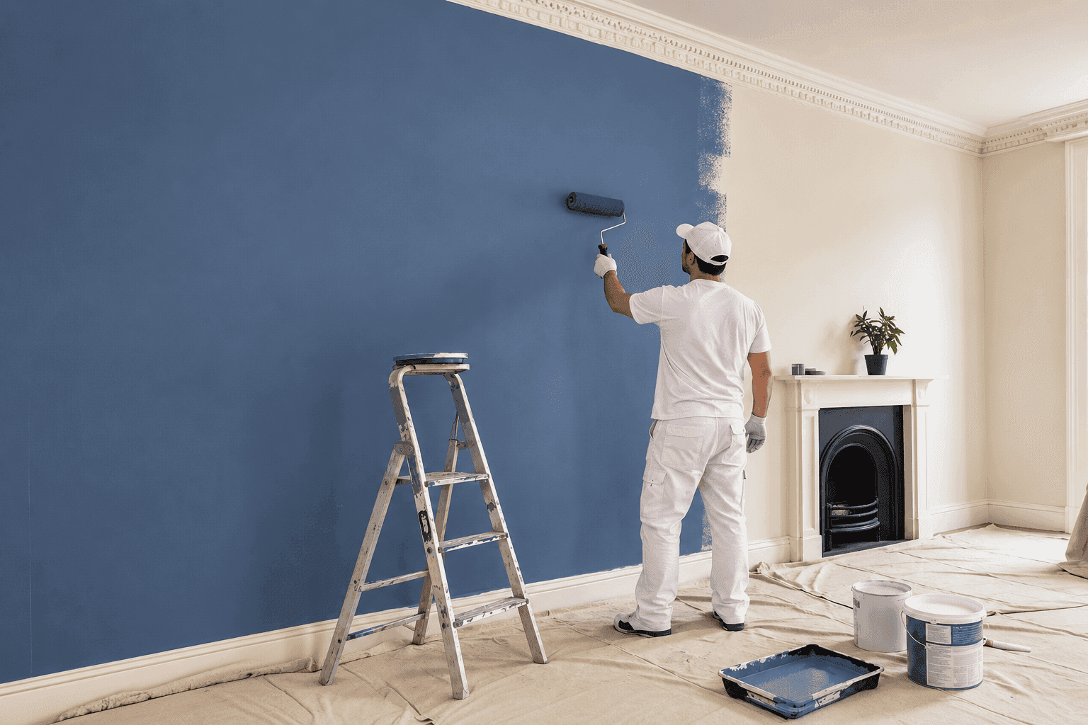 Decorator rolling a wall in blue paint with dust sheets down and a ladder