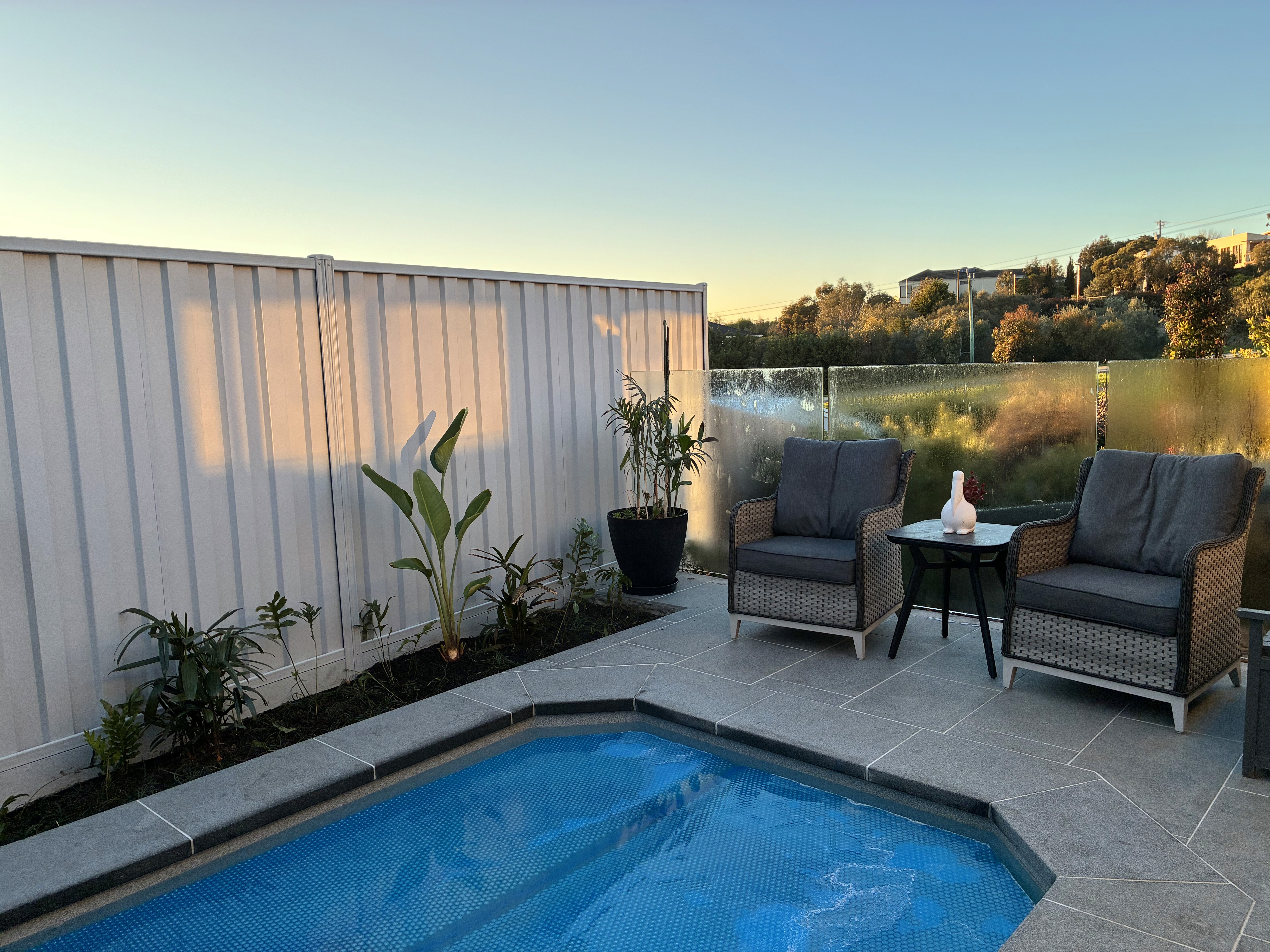 The finished pool at dusk