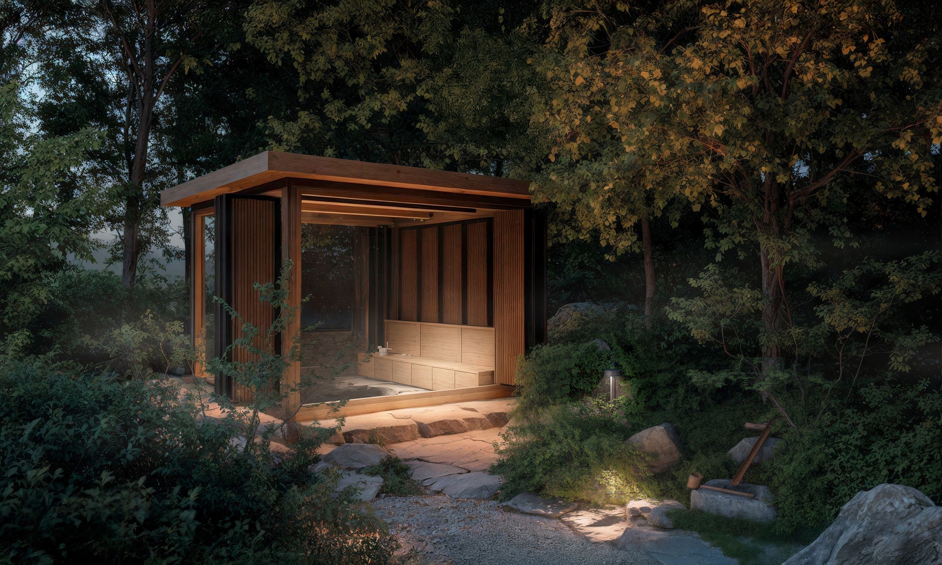 Modern wooden structure in a mossy garden.