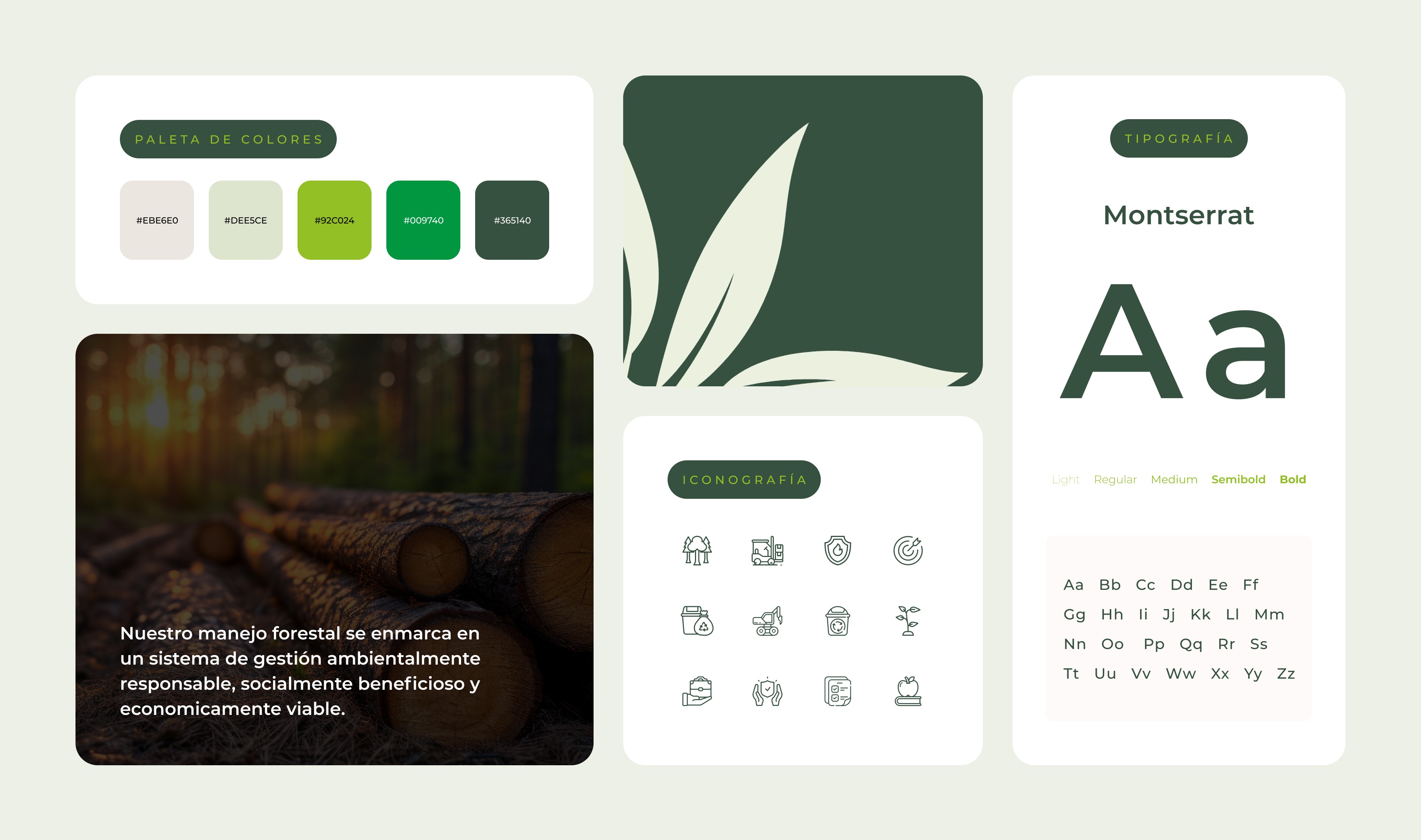 Presentación de diseño con tonos verdes y tierra, tipografía Montserrat e iconos de gestión forestal responsable.