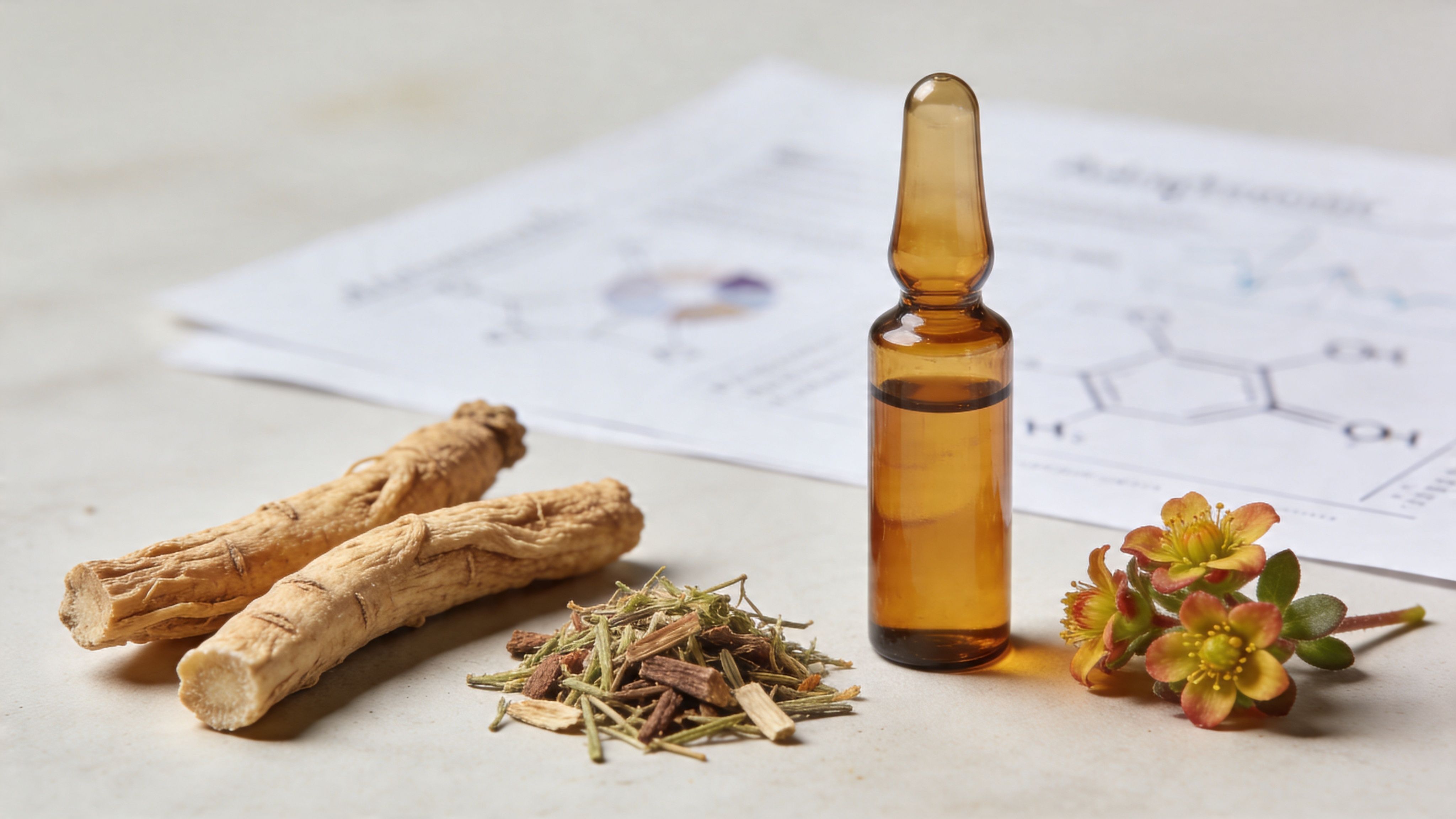 A brown glass vial placed next to dried ginseng roots, herbal ingredients, and botanical scientific documents.
