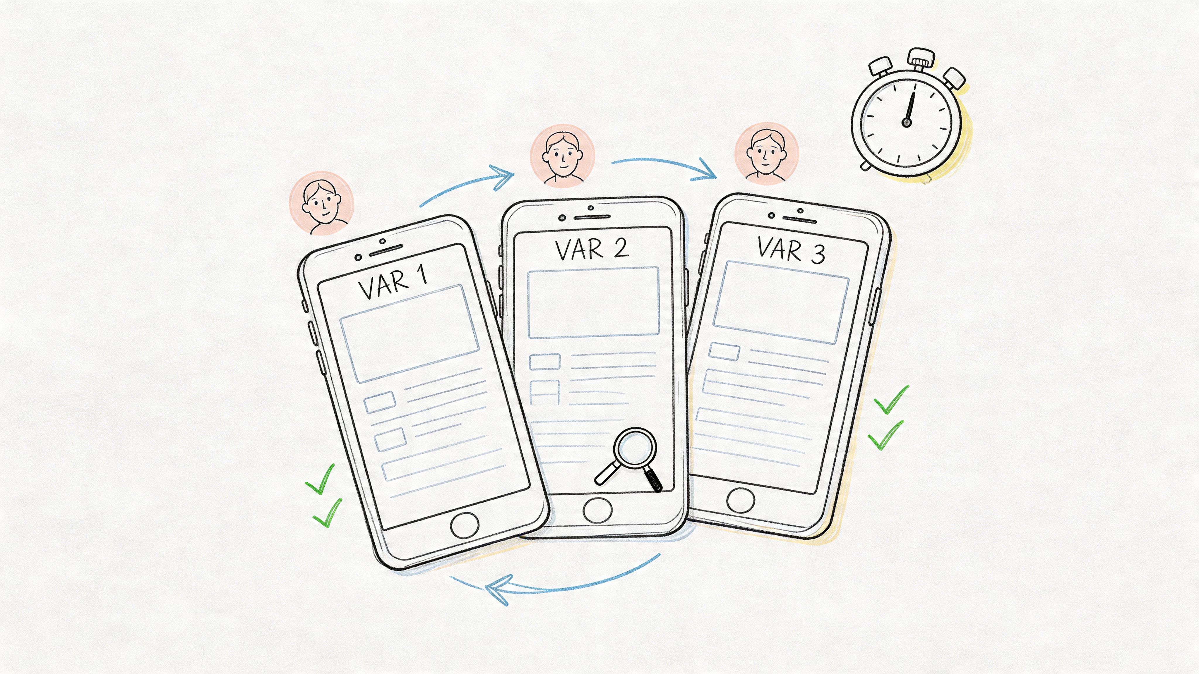 An illustration showing three smartphone screens labeled VAR 1, VAR 2, and VAR 3 with user icons.