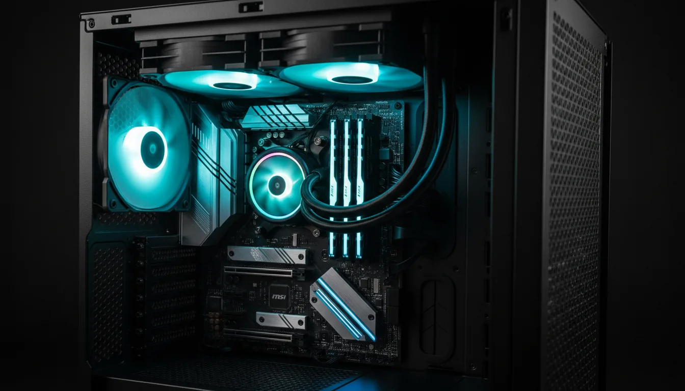 DSLR photograph of the interior of a high-performance PC workstation, taken from a high angle. The primary focus is a top-mounted Lian Li AIO liquid cooler with two large fans illuminated by a vibrant blue and green RGB gradient. A circular CPU block below also glows with matching blue and green light, connected by black braided tubes. The components, including blue RAM sticks, are mounted on an MSI motherboard inside a matte black case with honeycomb mesh vents. The scene is lit entirely by the internal RGB lighting, creating a moody, technical atmosphere with sharp focus on the hardware details and wiring.