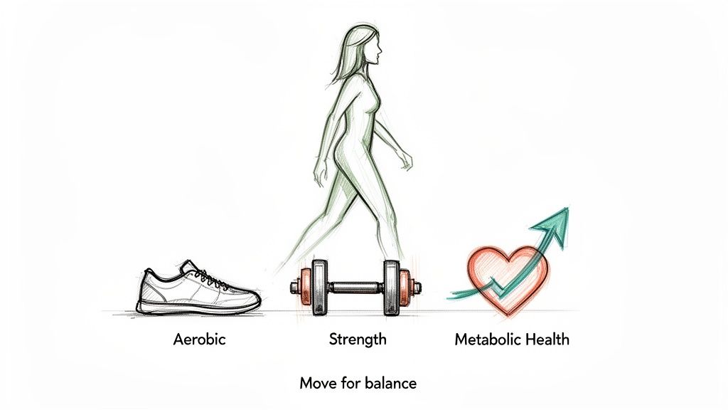 Sketch illustration showing exercise types and benefits: aerobic, strength, and improved metabolic health, captioned 'Move for balance'.
