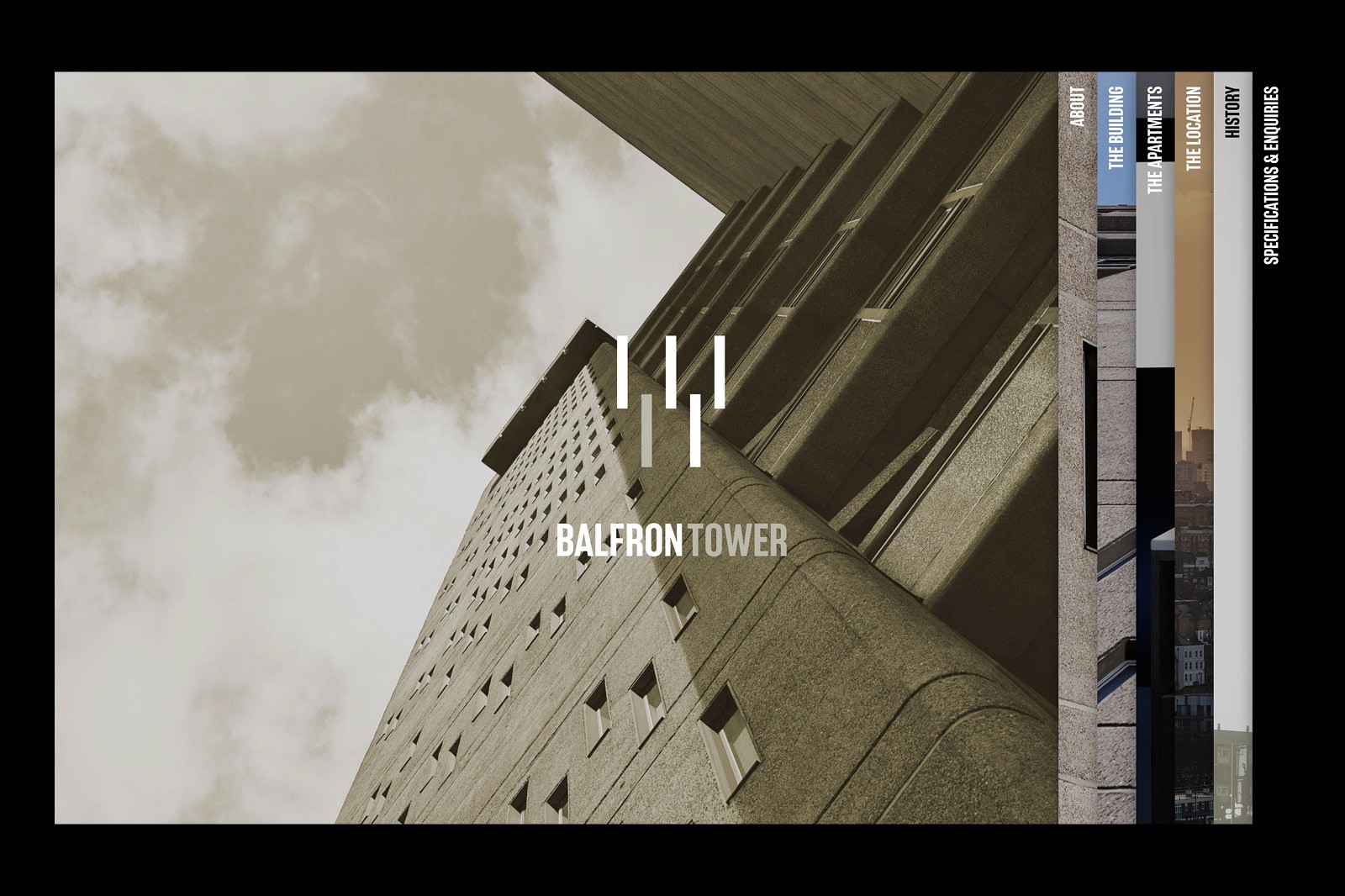 A dramatic low-angle shot of Balfron Tower highlights its brutalist architecture against a sepia-toned sky, with tabs labeled "The Building," "The Architects," "History," "Specifications & Buyers" visible on the right-hand side.