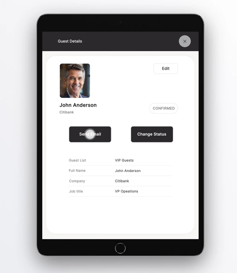 Check-in Pax event SaaS UI animation preview showing guest check-in details on tablet mockup