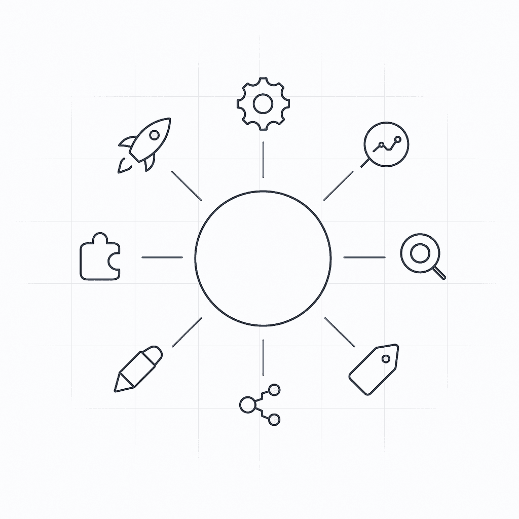 Radial diagram with seven icon nodes encircling a central hub, symbolizing key criteria for startup AEO platforms