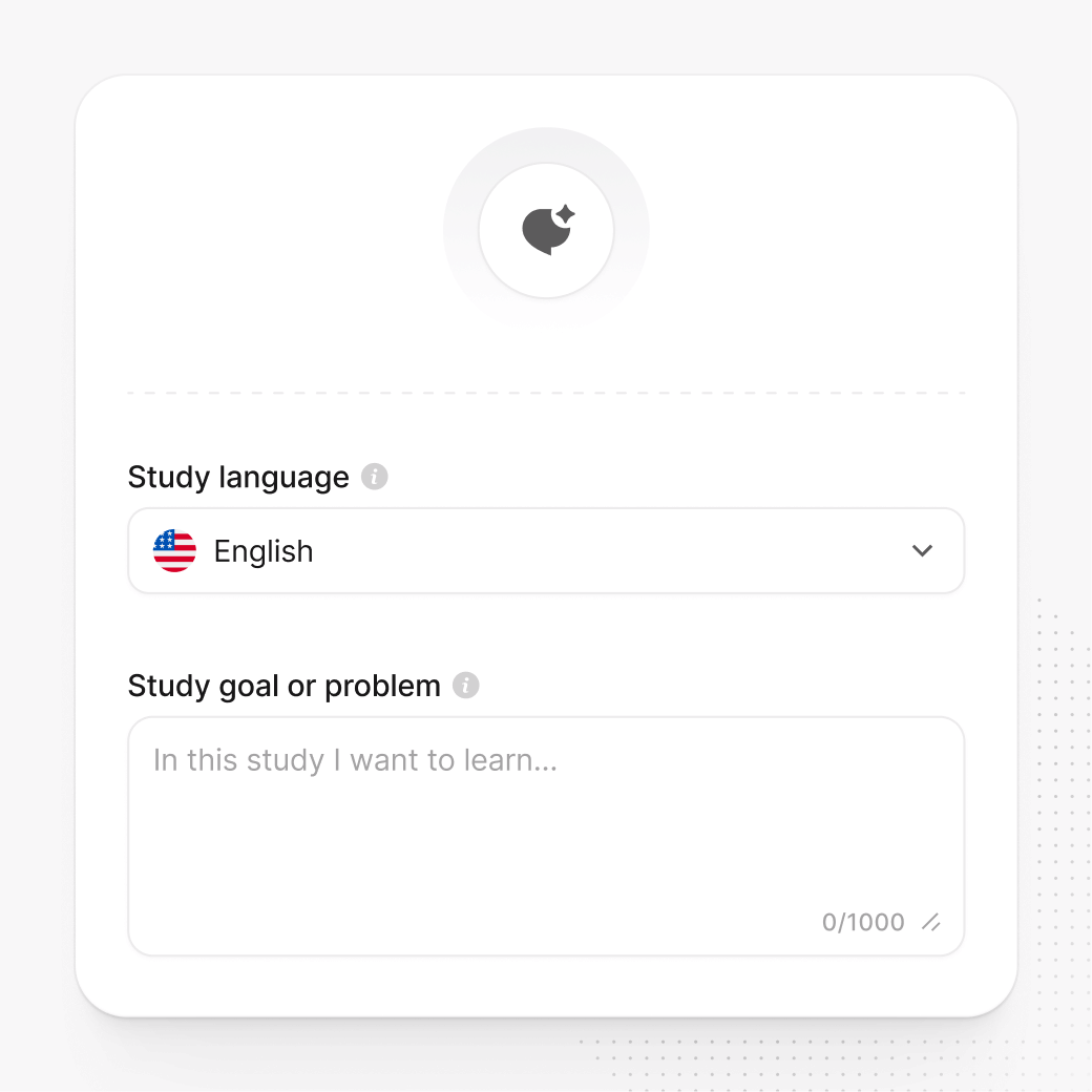 Askiva setup screen with a study language dropdown set to English and a text box to describe the study goal or problem.