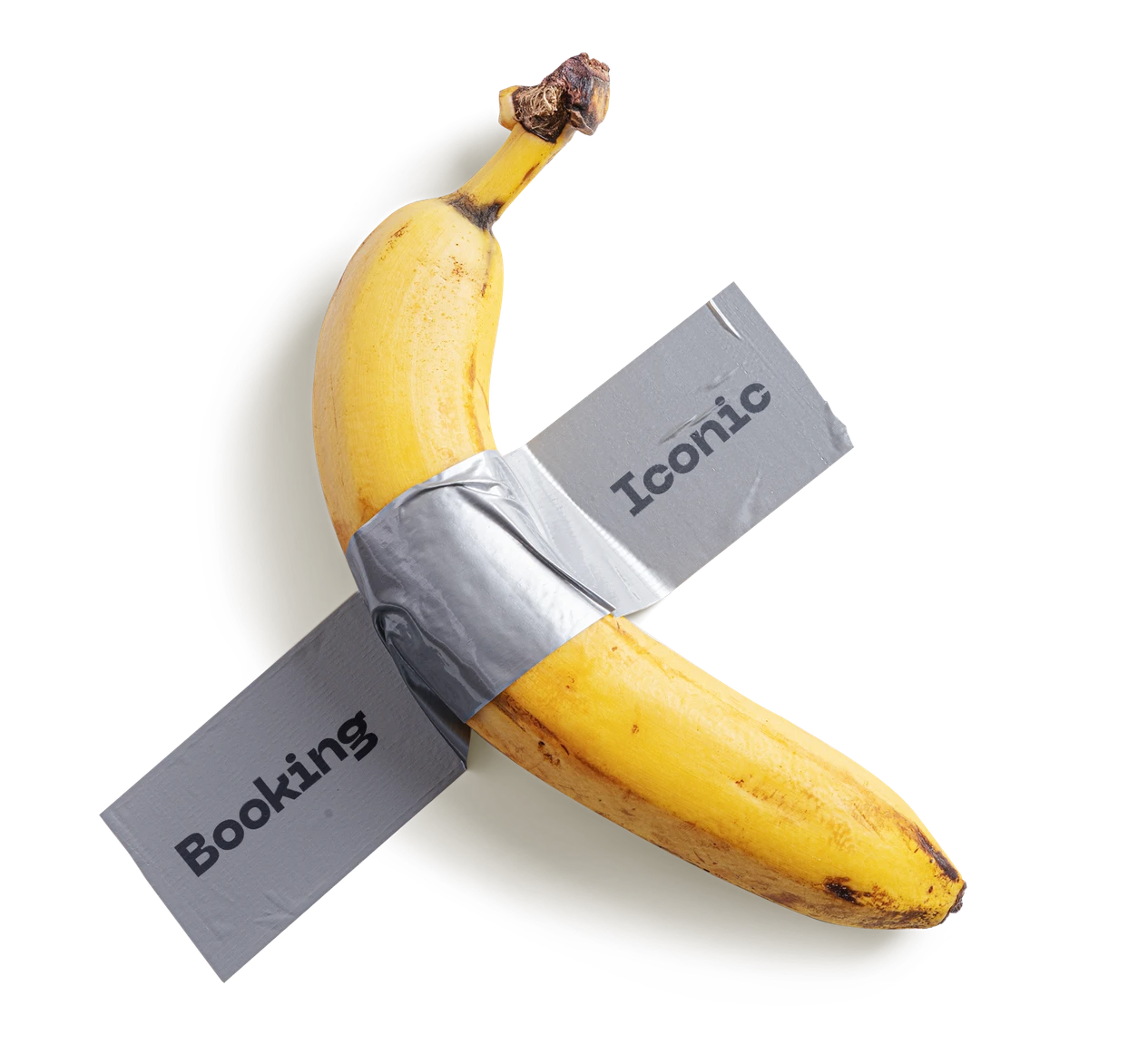 Webook rebrand campaign visual — banana duct-taped to wall referencing contemporary art with 'Booking Iconic' text on tape strips — rebranding creative direction by Makers