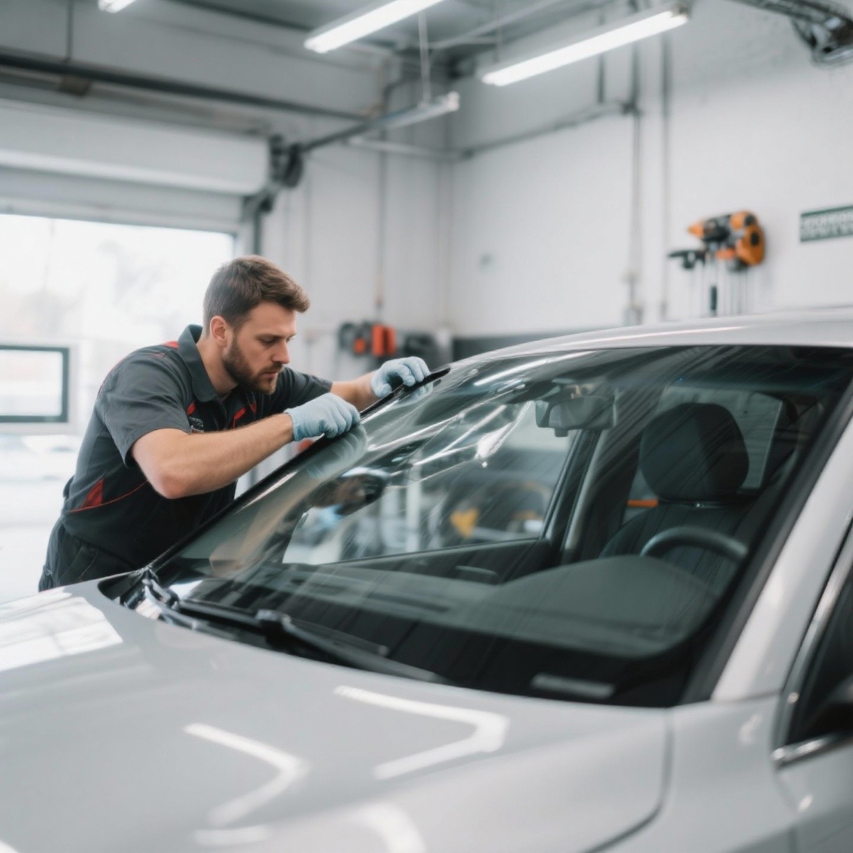 Technician replacing windshield on a car along Route 66 near Kingman, Arizona