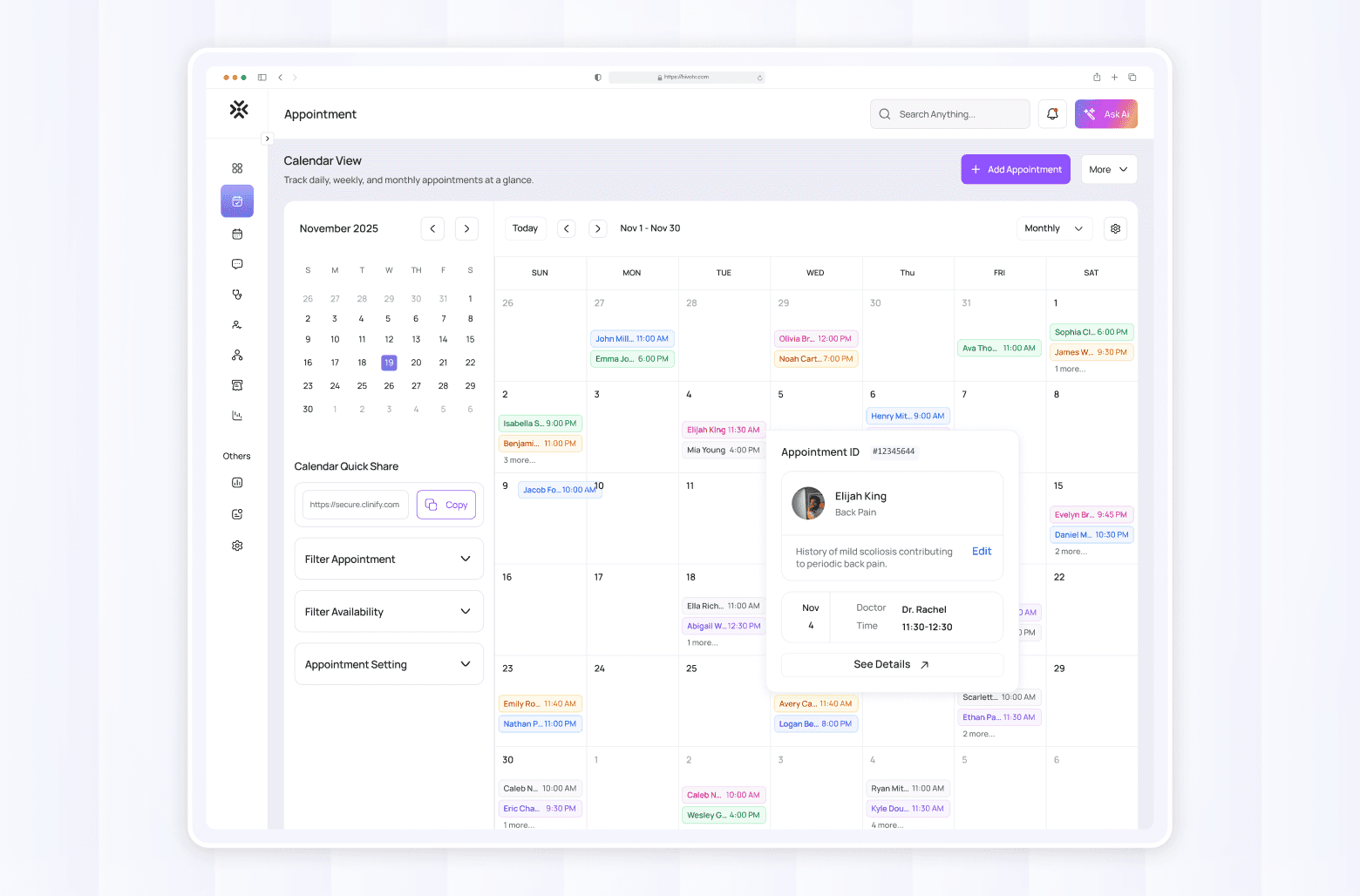 Clinify appointment calendar dashboard