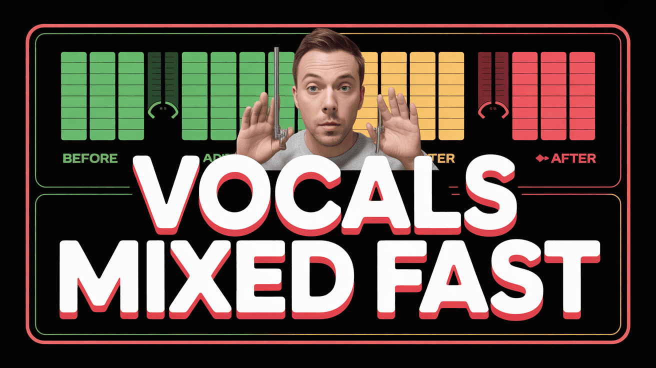 Fast Vocal Mixing Thumbnail Template, featuring an audio engineer adjusting vocal channel strips with before-and-after meters glowing
