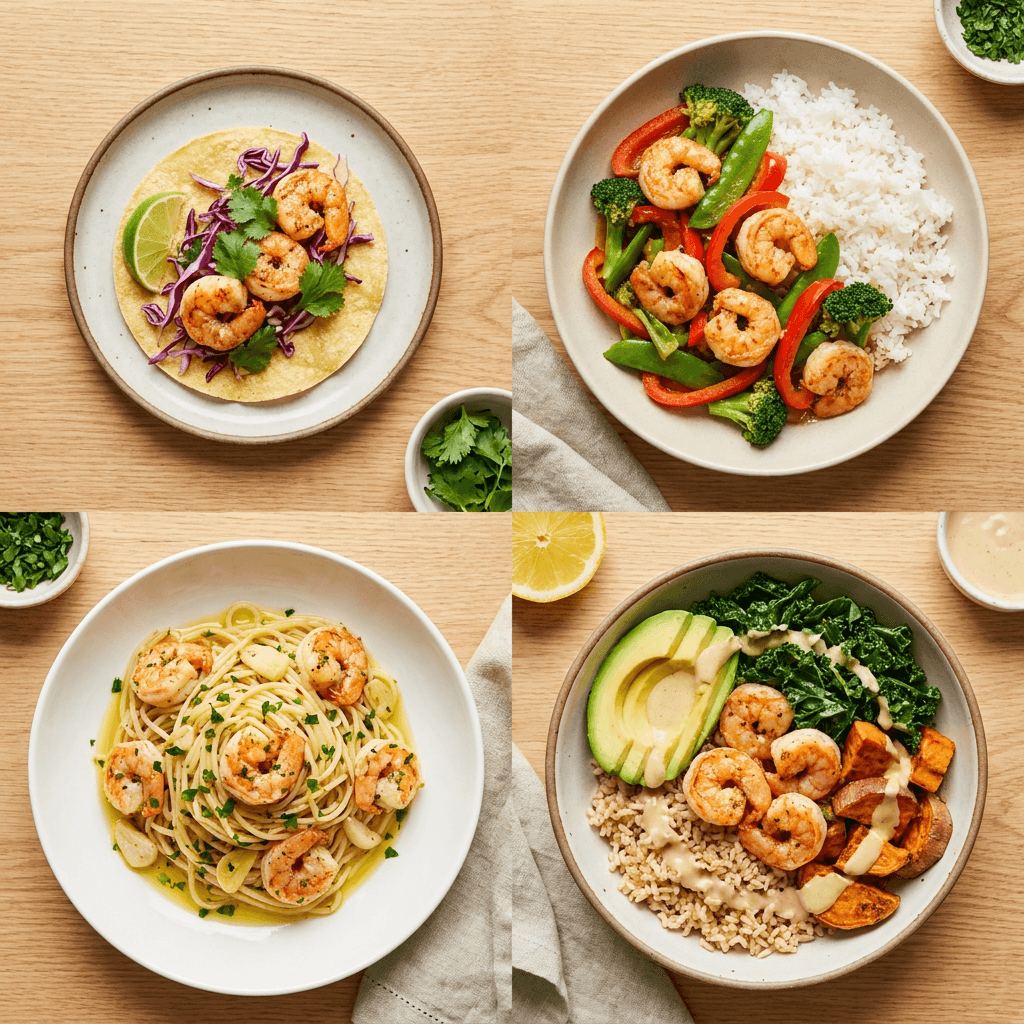 Four healthy shrimp meal ideas arranged in a flat-lay grid
