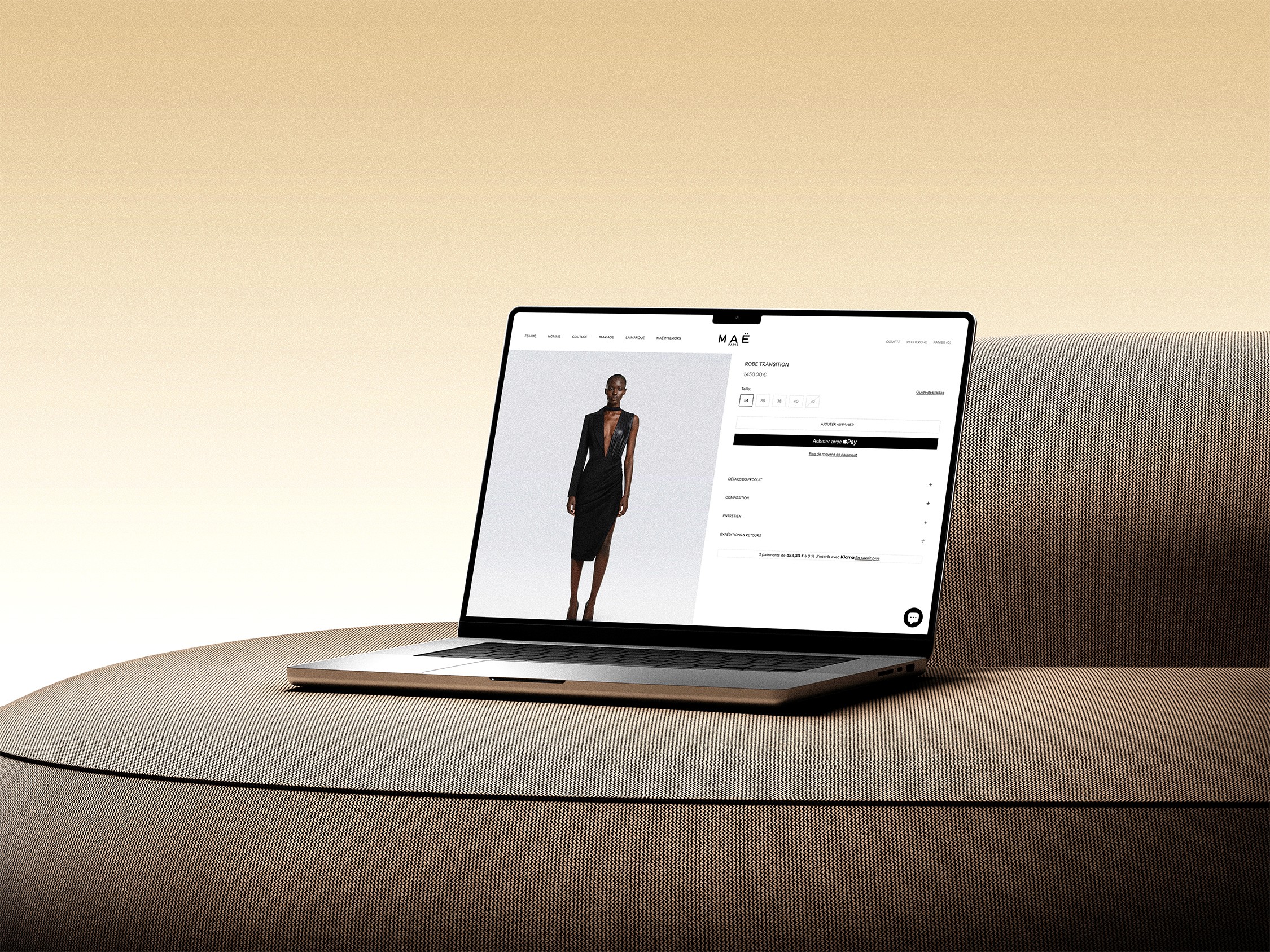 MAË PARIS luxury fashion ecommerce website displayed on a laptop mockup showing online store interface