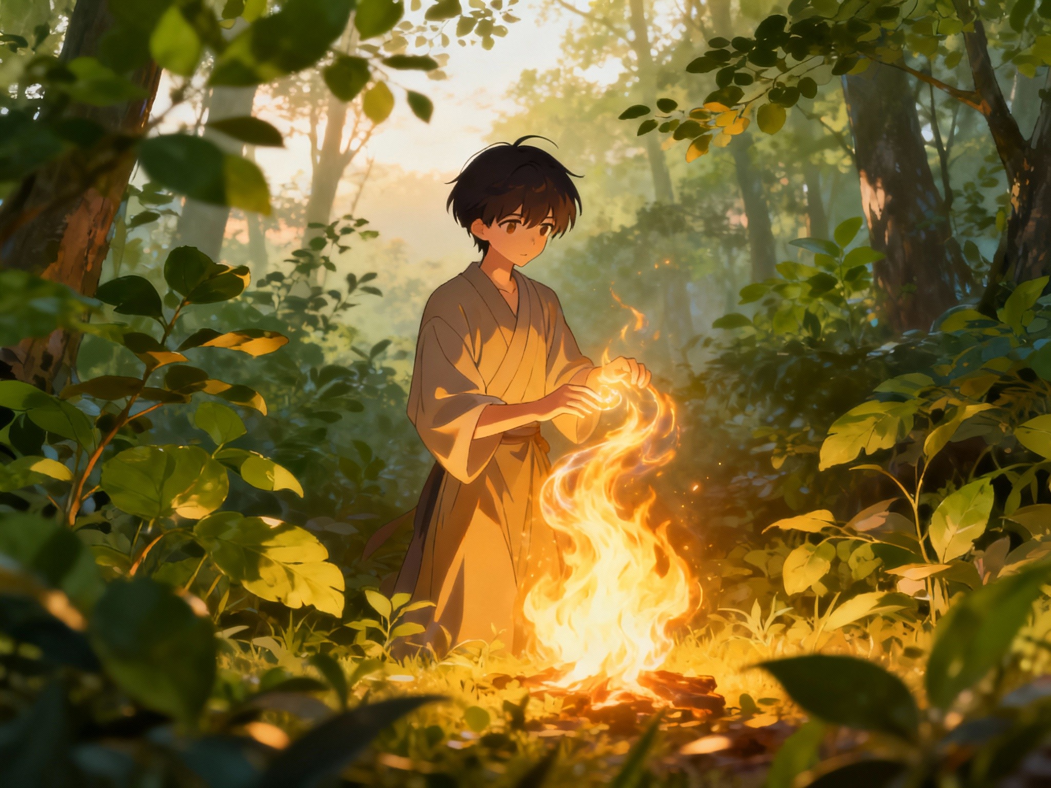 A fine-art illustration in a wide landscape format portraying a serene forest scene at dawn where a
